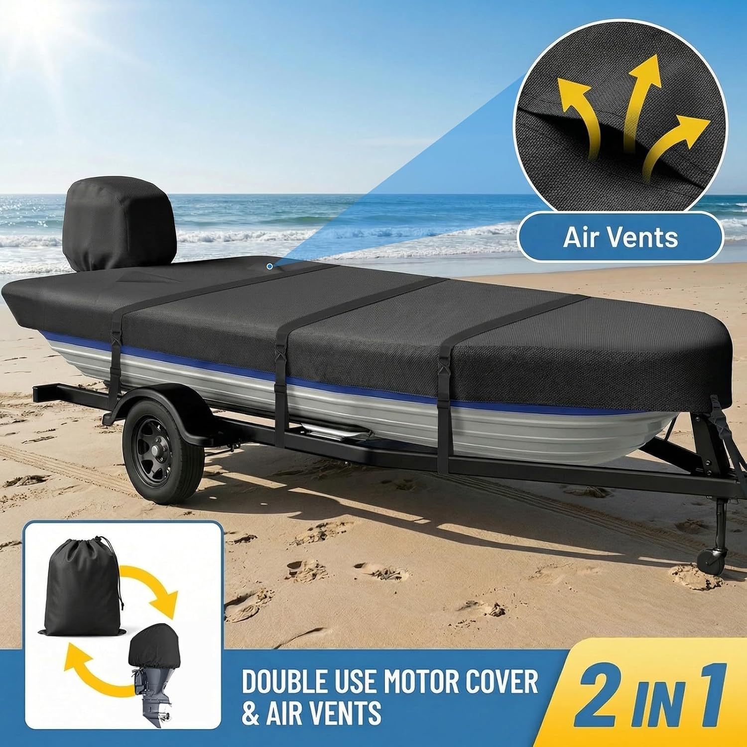 900D Jon Boat Cover with Metal Buckles,Waterproof Heavy Duty Cover for Jon Boat,Marine Grade Polyester Canvas Replacement with Motor Cover,16FT & Black