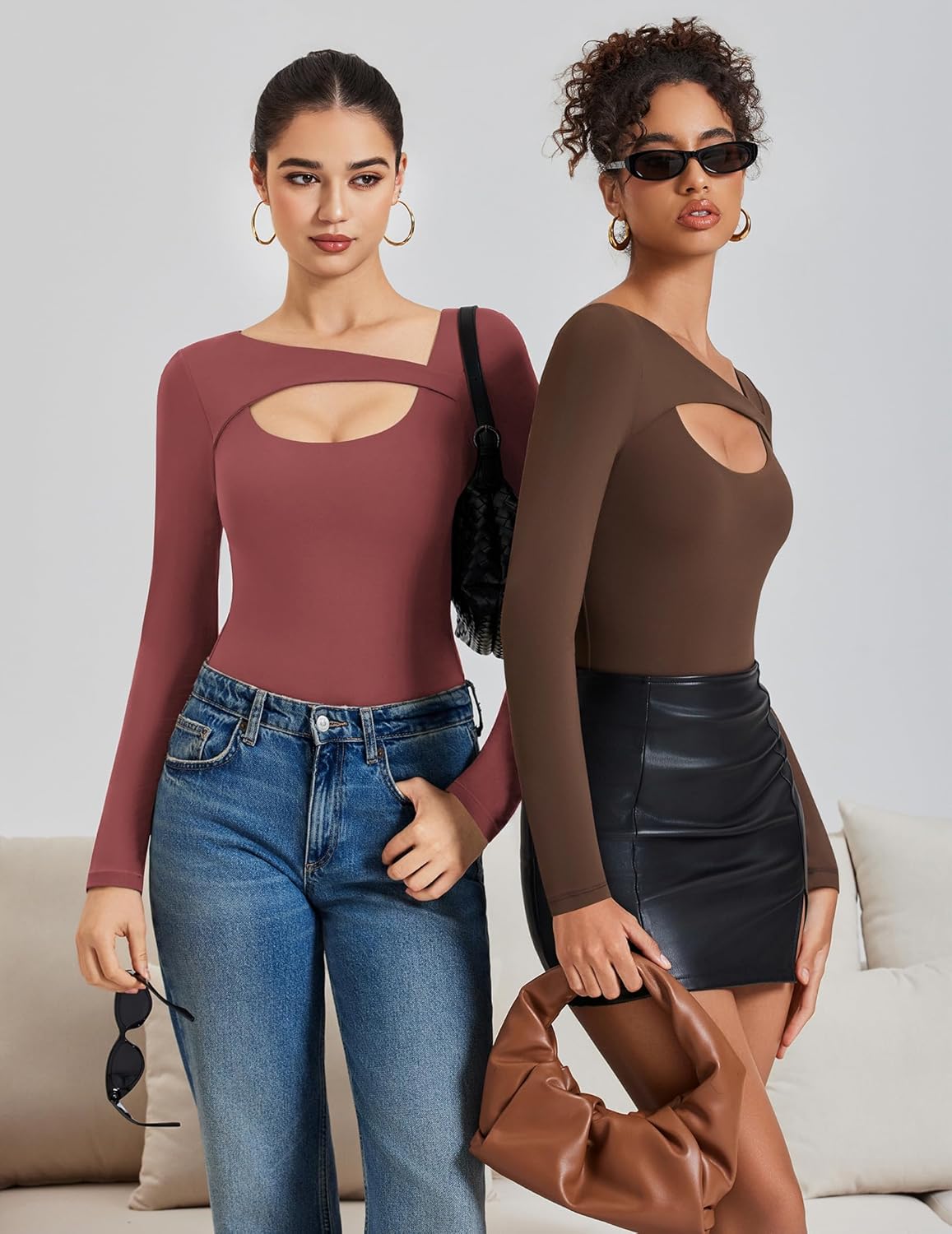 Avidlove Women Long Sleeve Bodysuit Scoop Neck Cutout Thong Body Suits Double Lined Slim Fitted Leotard Going Out Tops - Image 5