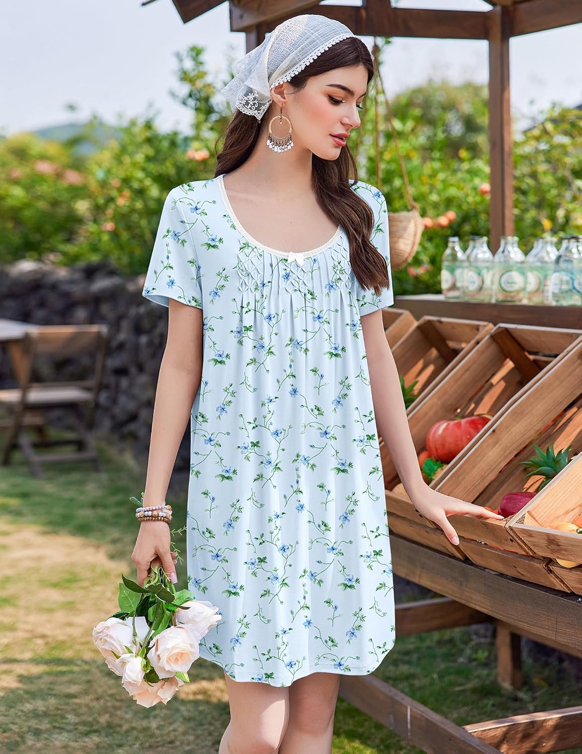 Ekouaer Nightgowns for Women Pleated Sleep Shirts Short Sleeve Night Shirts Lace Trim Night Gown Ladies Sleep Dress - Image 4