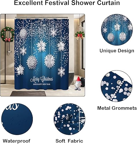 Miniatura 3 de YOSTEV Cortina de ducha azul de Navidad, cortinas de ducha de copos de nieve de Navidad para decoración de baño, cortina de ducha de vacaciones de
