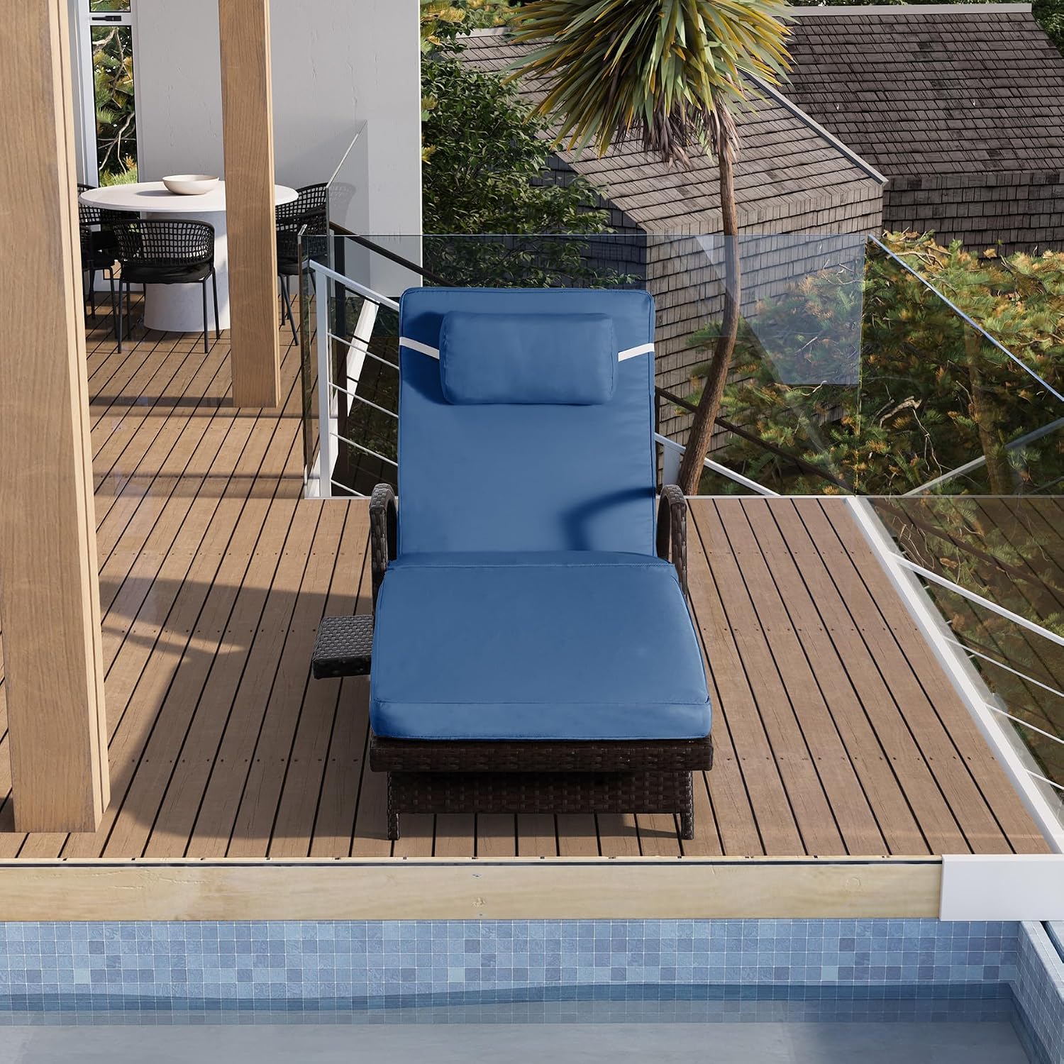 Chaise Lounge Chairs Set of 2, 6-Position Adjustable Outdoor Recliner with Side Table & Wheel, All-Weather PE Rattan Wicker Patio Lounge Chair With Removable Cushion for Poolside Backyard Beach (Blue)