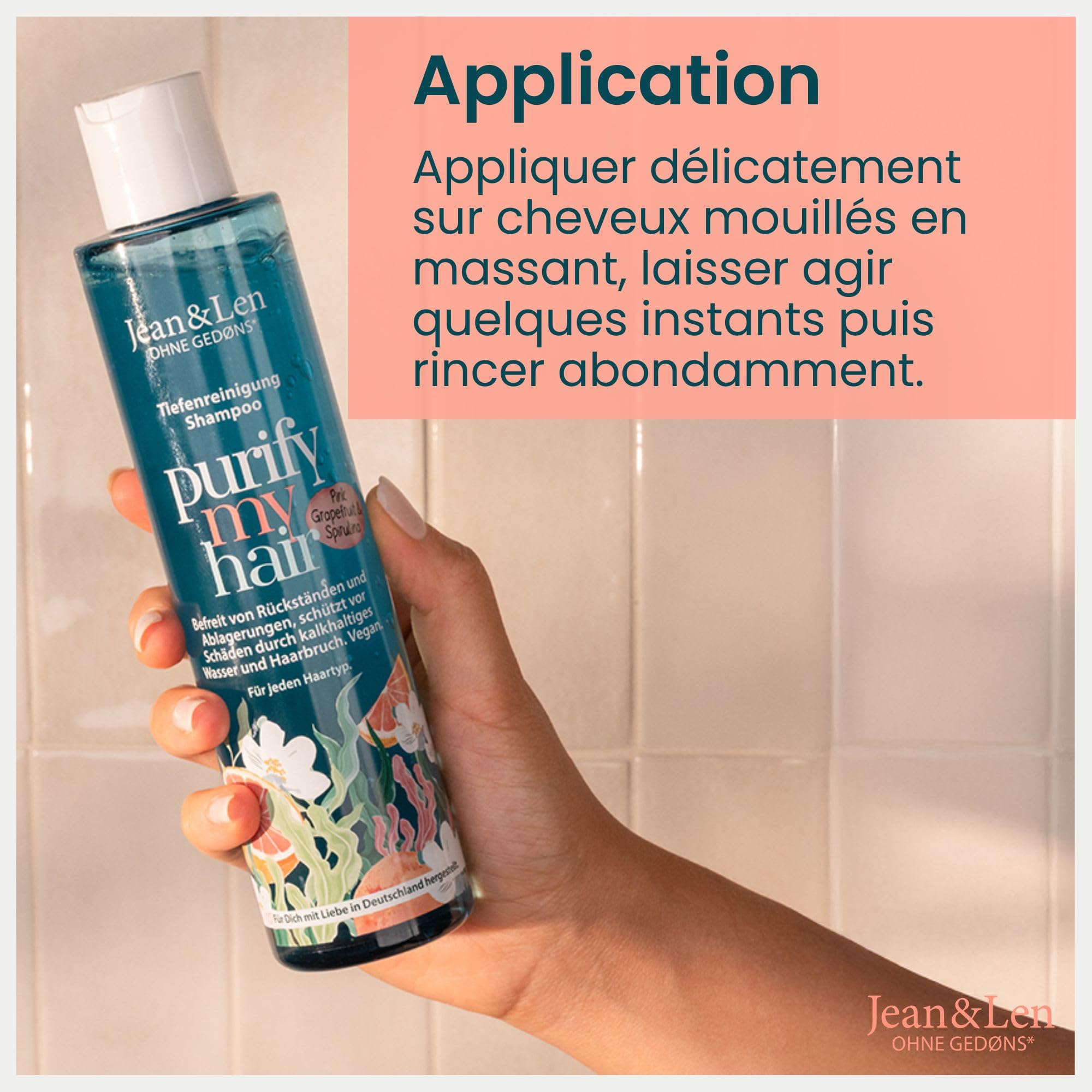 Jean & Len Shampooing Pamplemousse Rose & Spiruline, nettoie cheveux & cuir chevelu en profondeur, élimine sébum & résidus, protège de la casse, sans silicones & parabènes, végane, 300 ml