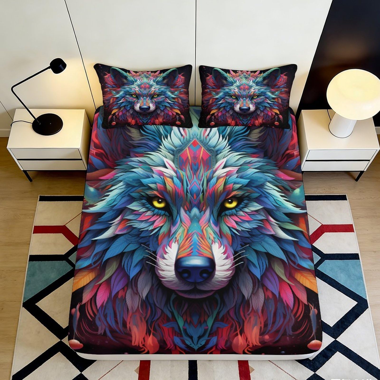 3D Printed Vibrant Wolf Fitted Sheet Microfiber Soft Breathable Animal Mattress Cover for Bedroom Dorm Decor 90x200x25cm