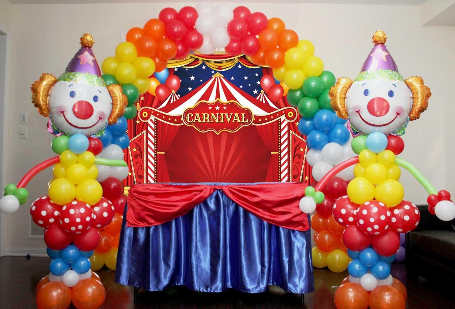 Circus Carnival Themed Backdrop Red Curtain Stars Balloon Birthday Party Photography Background Newborn Baby Shower Birthday Cake Table Decoration (8x6FT)