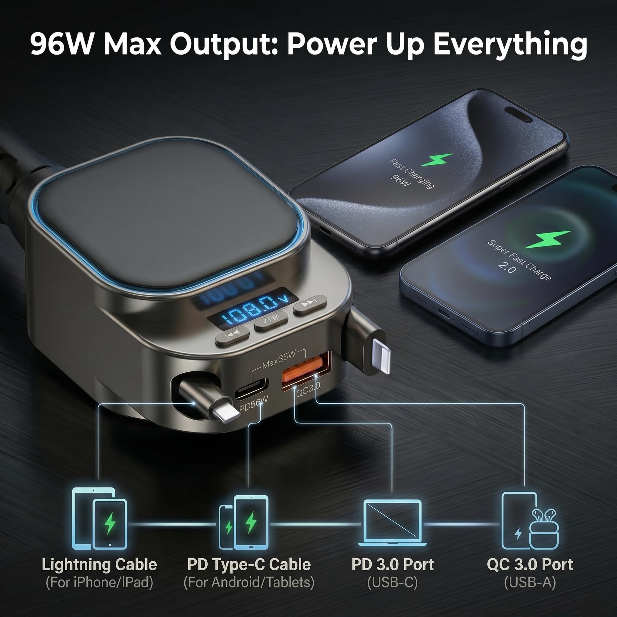 96 W auto retrattile caricabatterie con adattatore per auto Bluetooth, ricarica rapida 4 in 1, trasmettitore radio Bluetooth 5.3 FM, chiamate in vivavoce, adattatore per caricabatterie da auto USB C