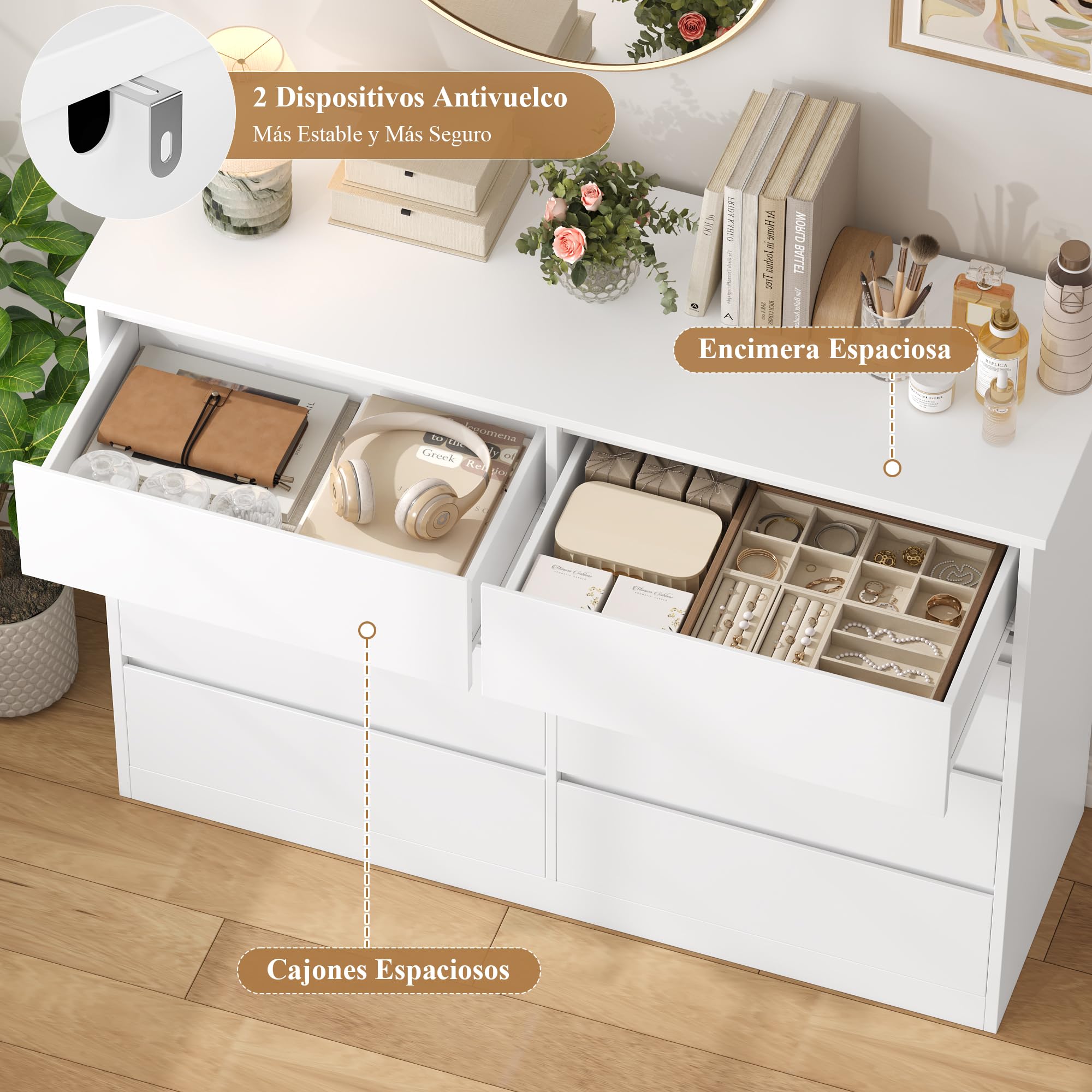 FOREHILL Comoda Dormitorio 8 Cajones 120 cm Cajonera Armario Interior Sinfonier Cómodas y Cajoneras Dormitorio Armario de Almacenamiento para el Salón Cómoda Moderna Blanco 120x39,5x96 cm