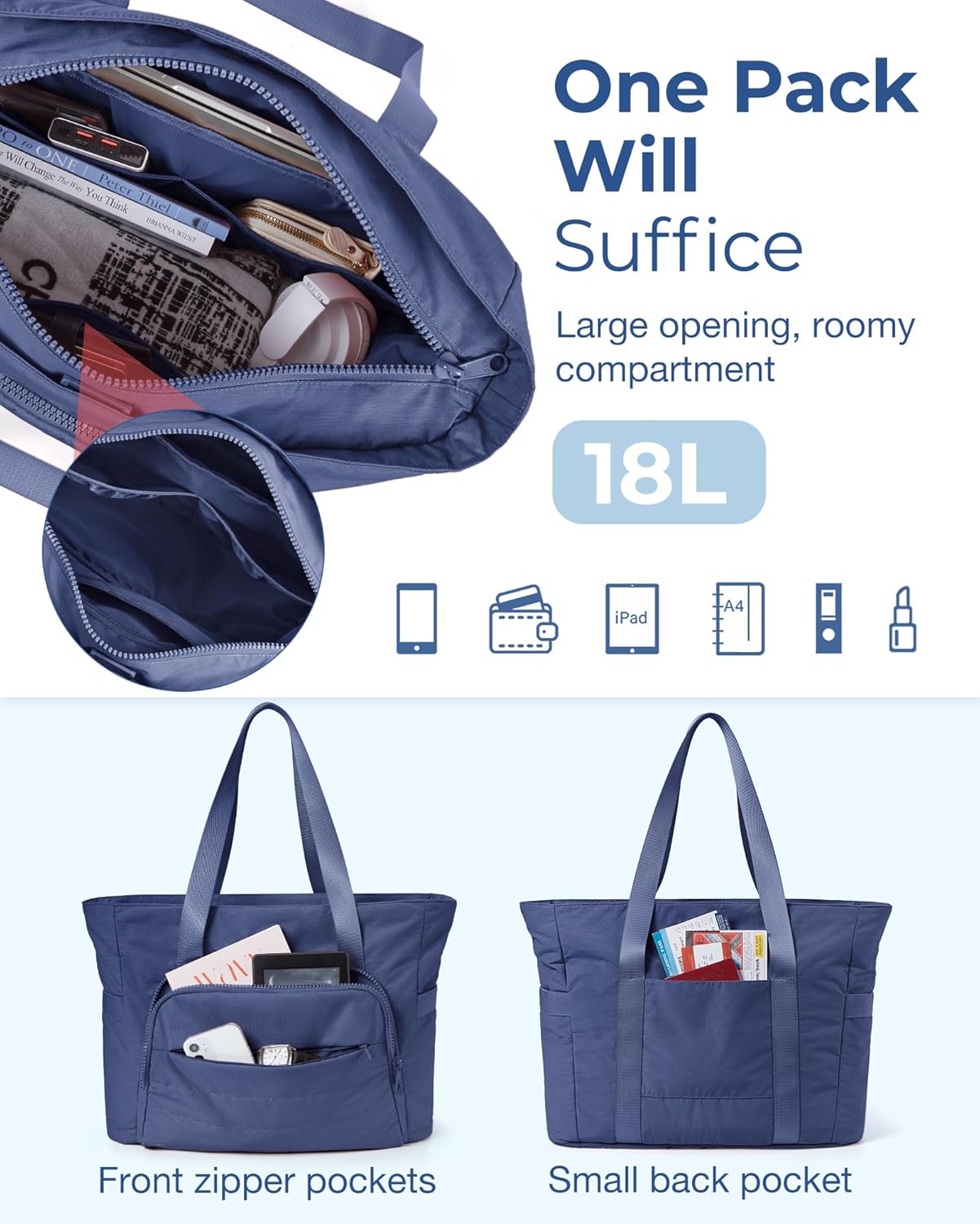 BAGSMART Tote Bag for Women, Lightweight Tote Bag with Yoga Mat Strap, Quilted Shoulder Bag Handbag for Daily, Work, Gym - Image 3