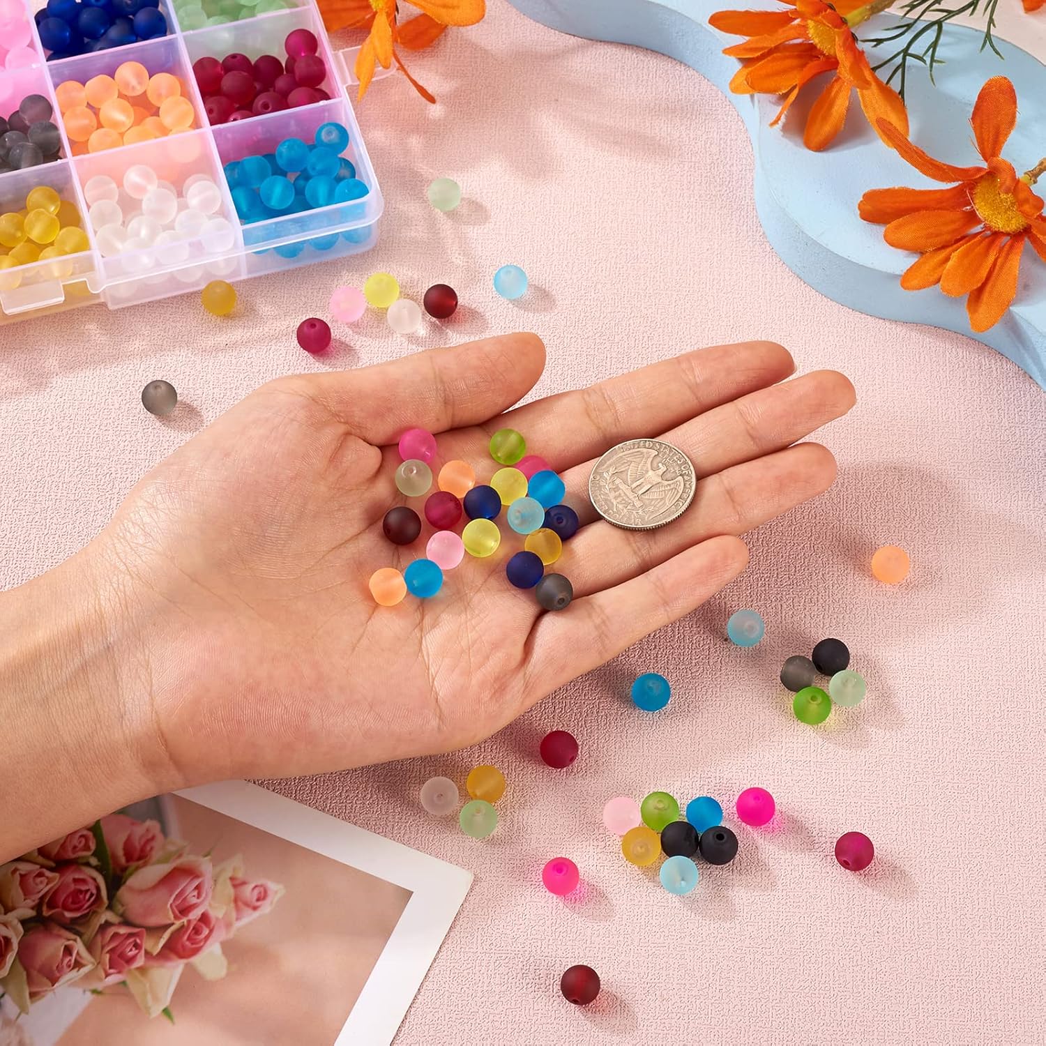 Pandahall 1Box/330pcs 15 Color 8mm Jewelry Glass Beads Transparent Glass Round Beads Frosted Dyed Mixed Color Hole: 1.3-1.6mm