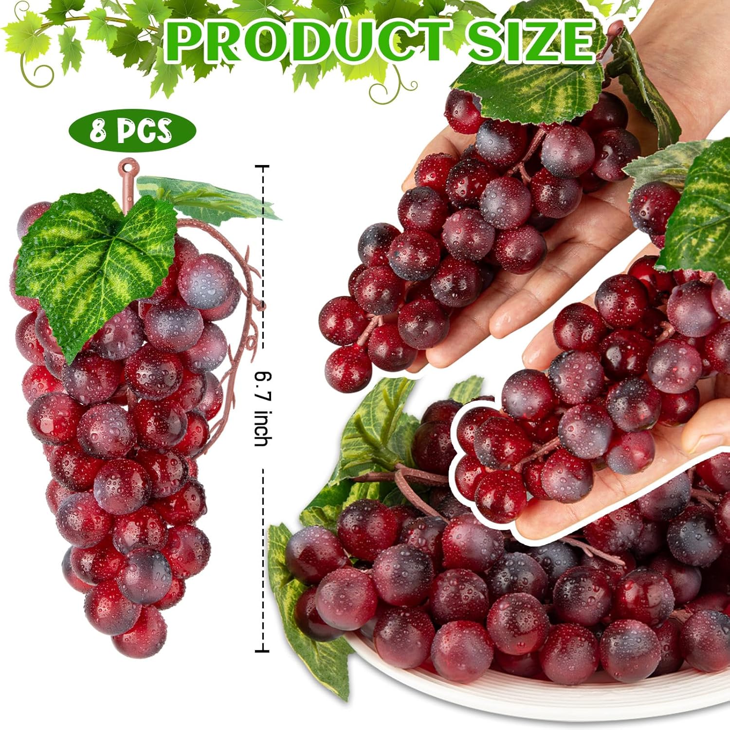 CLESDF Artificial Red Grapes, 8 Bunches Fake Lifelike Fruit Plastic Simulation Grapes for Wedding Home Kitchen Party Decor Photography Prop