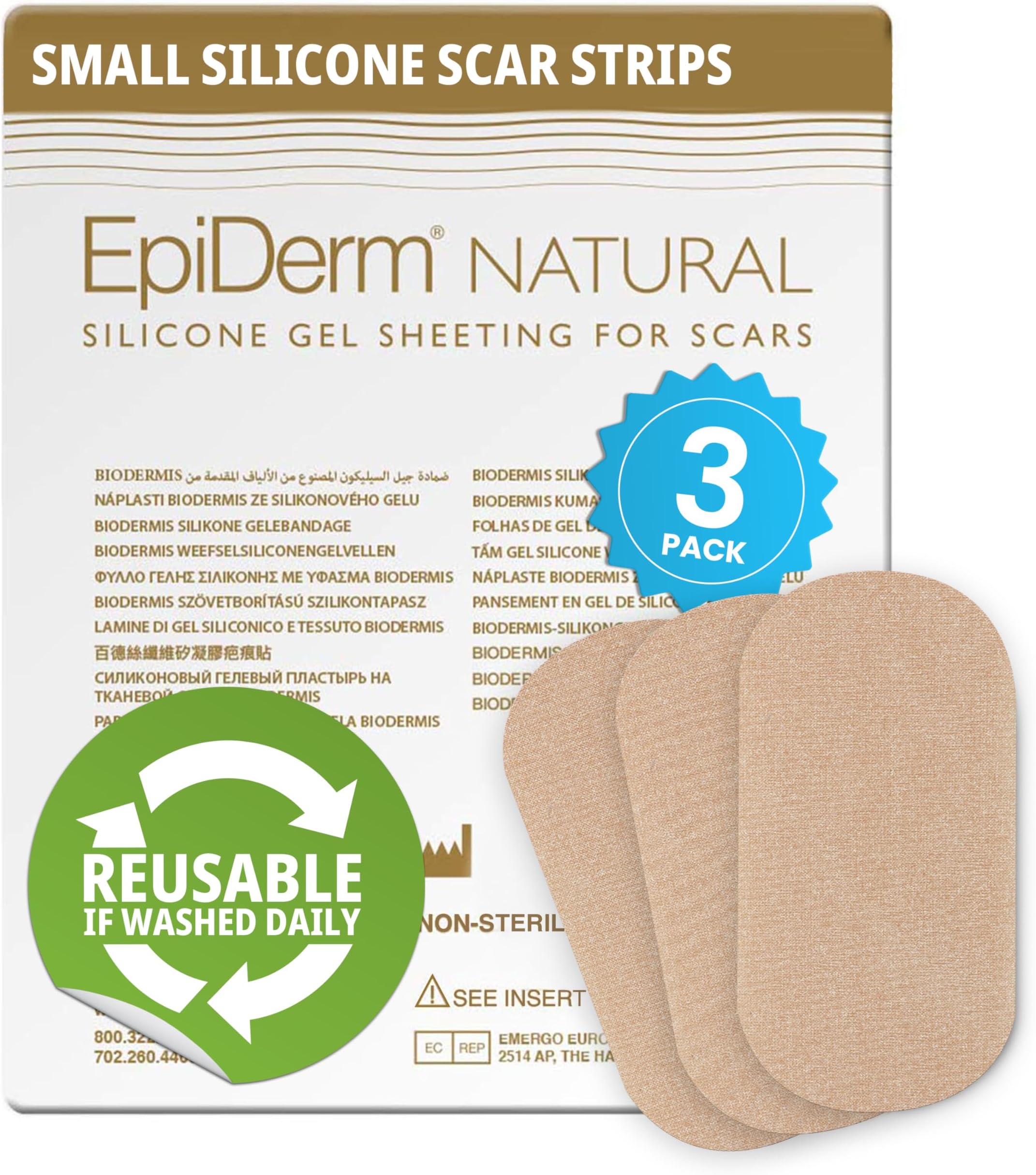 EpiDerm Silicone Gel Scar Small Strips - Premium Fabric-Lined Silicone Scar Sheets for Small Scars - Non-Medicated, Washable & Reusable Scar Tape - Gentle on All Skin Types - 3-Pack, Natural Tone