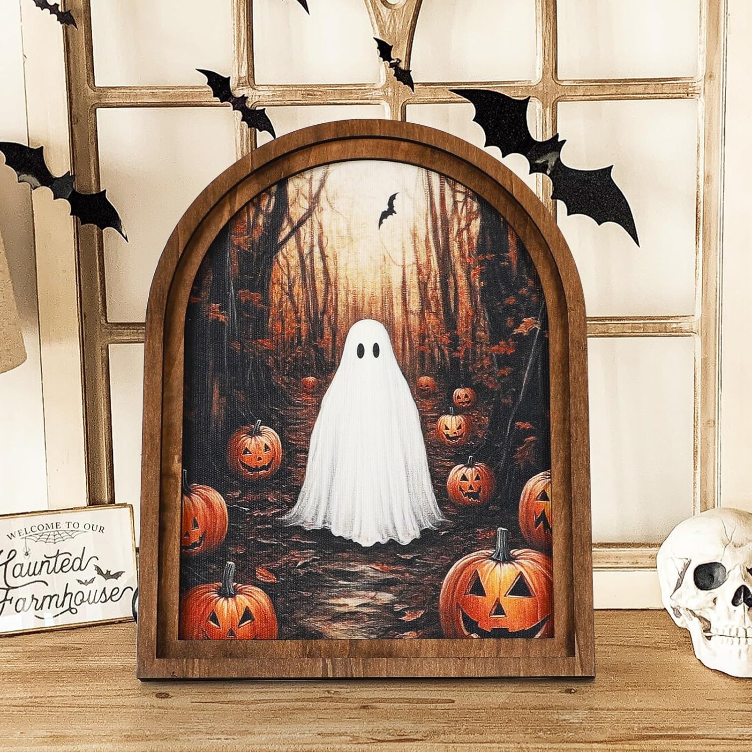 DAZONGE Halloween Wood Framed Arch Sign, Haunted Halloween Ghost Decor