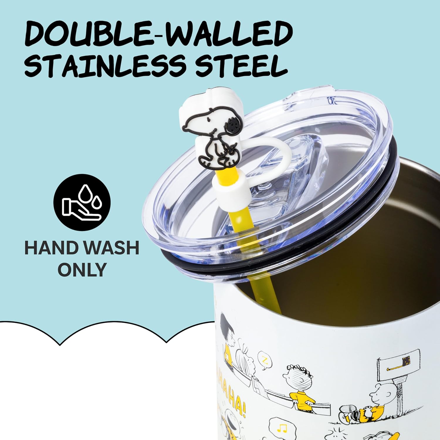 Silver Buffalo Peanuts Iconic Scenes Charlie Brown, Snoopy, Woodstock, Lucy, Sally, Linus Double Walled Stainless Steel Tumbler with Handle, Straw, & Straw Cap, Fits in Standard Cup Holder, 40 Ounces - Image 4