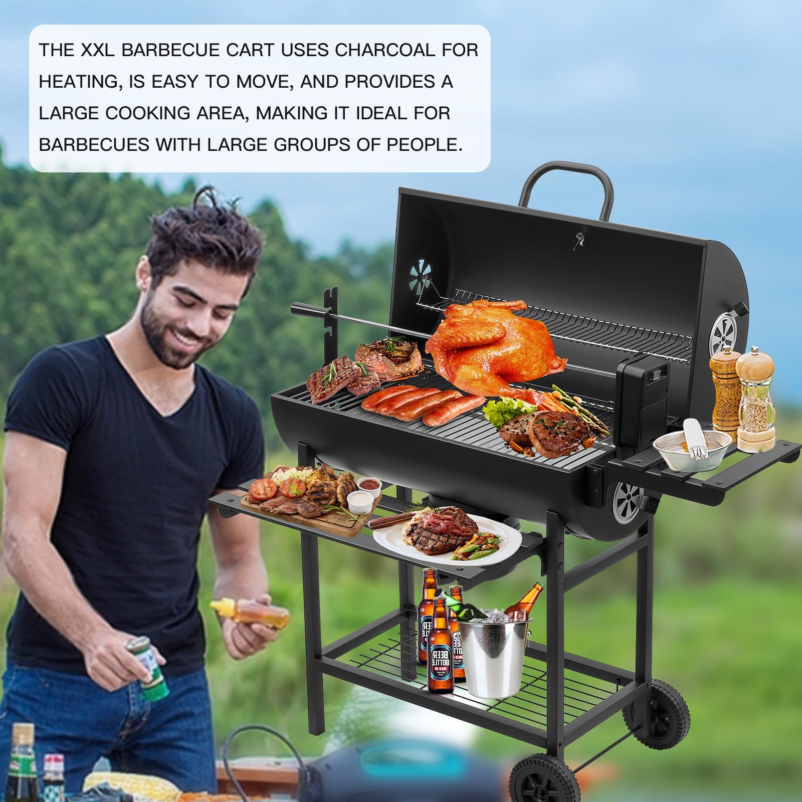 TEENO Chariot à Barbecue XXL,Barbecue Charbon de Bois，Grill à Charbon avec Couvercle, Thermomètre,Tiroir à Cendres,Gants anti-brûlures, Évent Réglable.