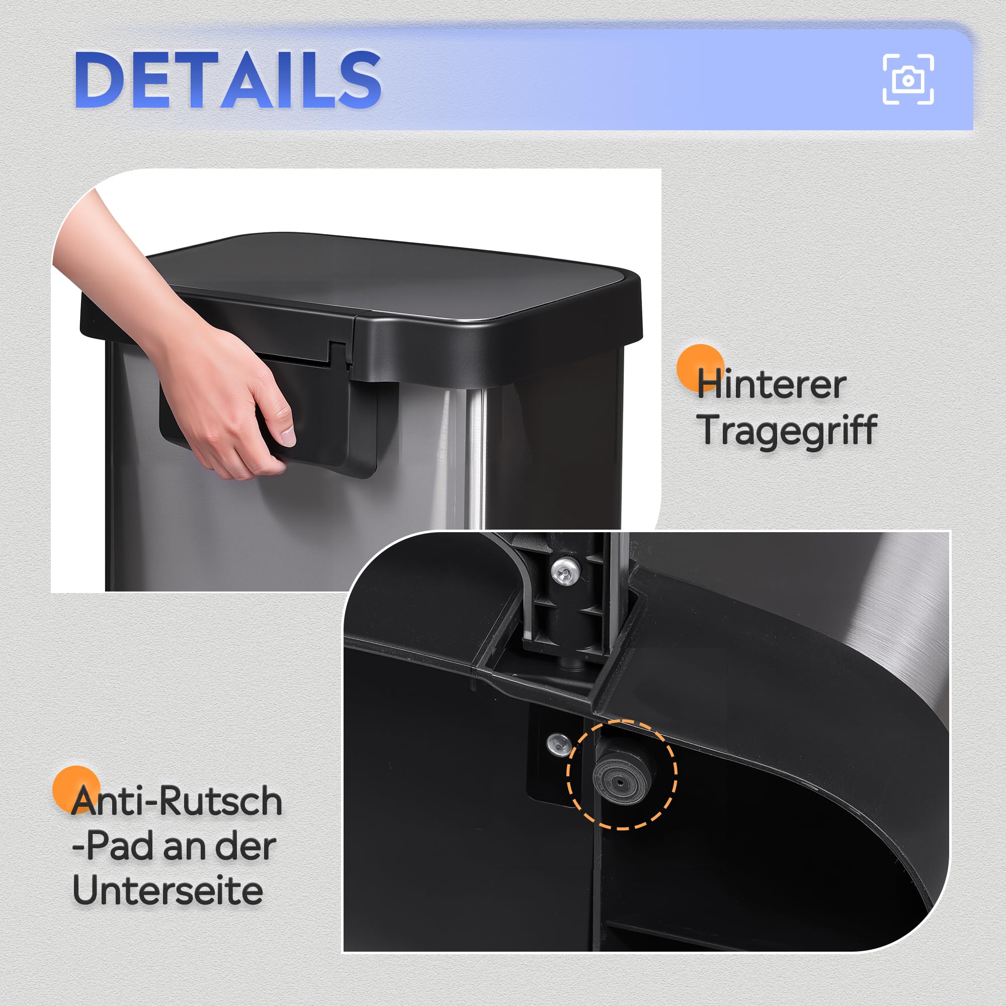WLIVE Mülleimer Küche 55 Liter, Großer Treteimer mit Softclose-Deckel, Klemmring für Müllsäcke, geruchsdichter Abfalleimer für Küche, Büro oder Schlafzimmer, Silber