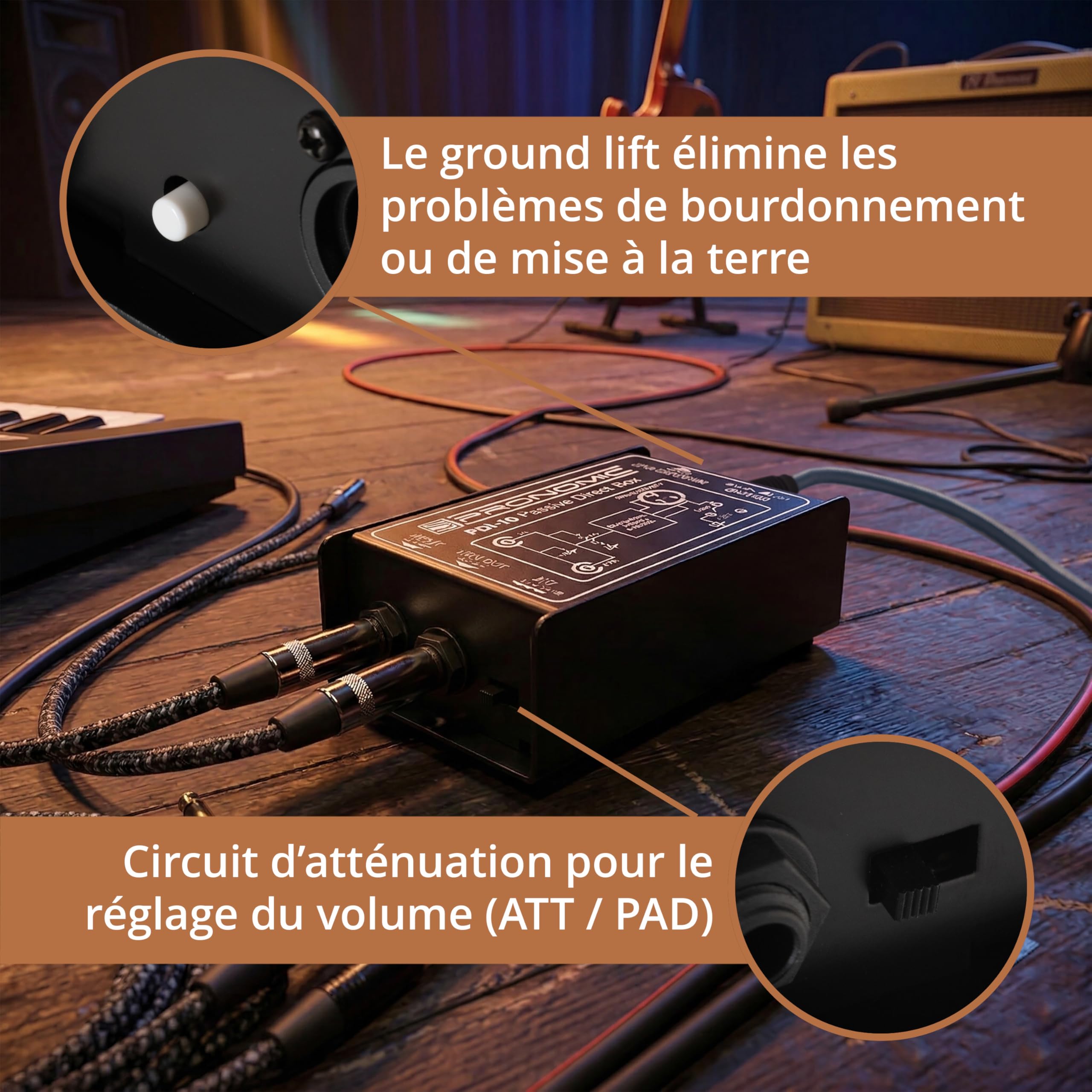 Pronomic PDI-10 Boîte DI Passive - DI Instrument 1 Canal pour Guitare, Basse, Clavier - Sortie XLR Et Jack 6,35 mm Through - Coupe-Masse - Atténuation 0/20/40 DB Pad - Noir