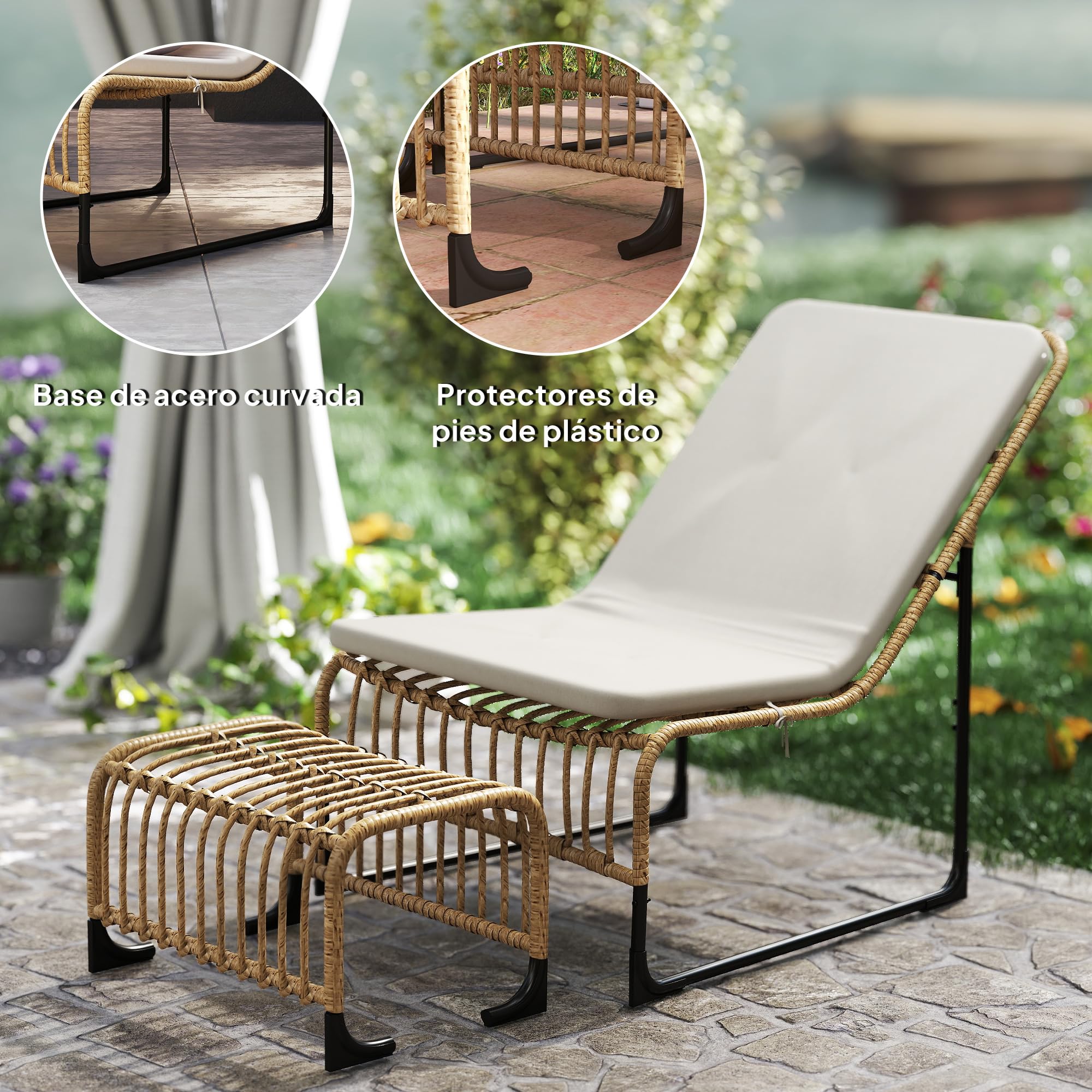 Outsunny Conjunto de Sillón de Jardín con Reposapiés de Ratán Sintético, Sillón para Exterior con Estructura de Acero y Cojín Acolchado, Natural y Beige