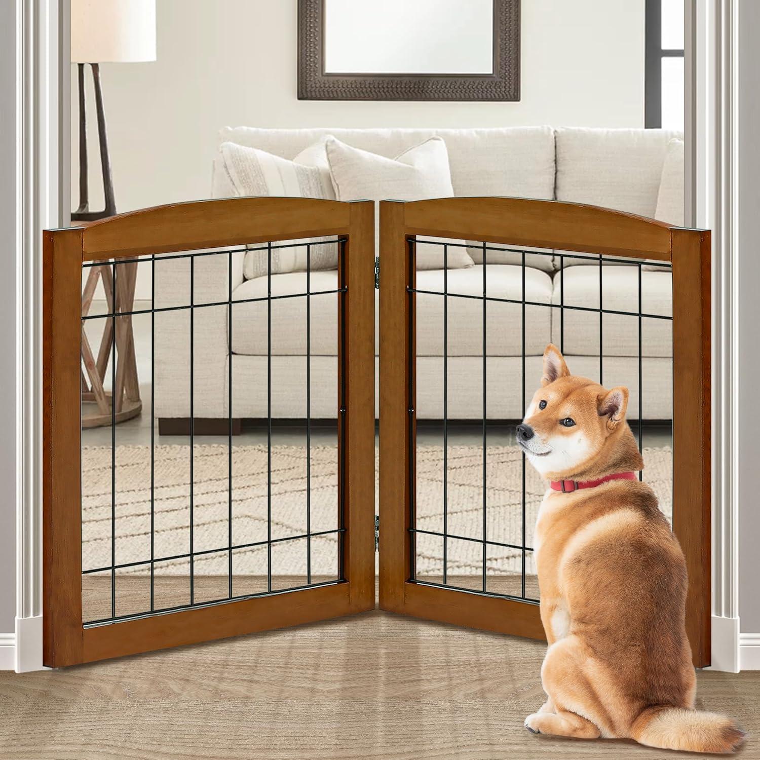 LZRS 2-Panel Freestanding Foldable Wood Dog Gate – Solid Wood & Steel Wire, Chew-Resistant Pet Barrier for Indoor Use, Ideal for Small to Medium Dogs, Cherry 24"Height-2 Panel Oak Cherry