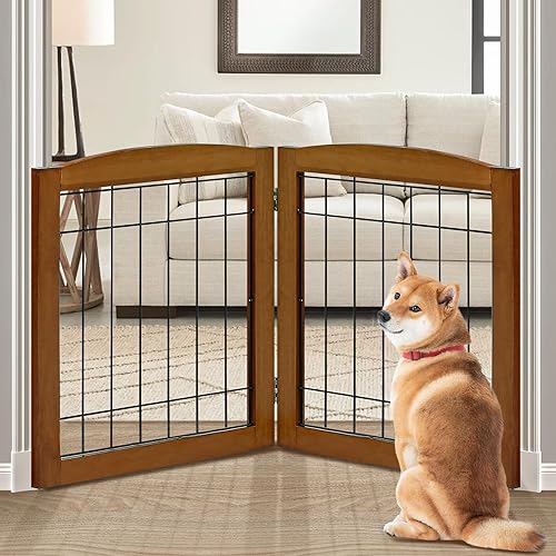 Miniatura 24 de LZRS Puerta independiente de madera extra ancha de 6 paneles: barrera de seguridad plegable de madera maciza y alambre de acero resistente a la