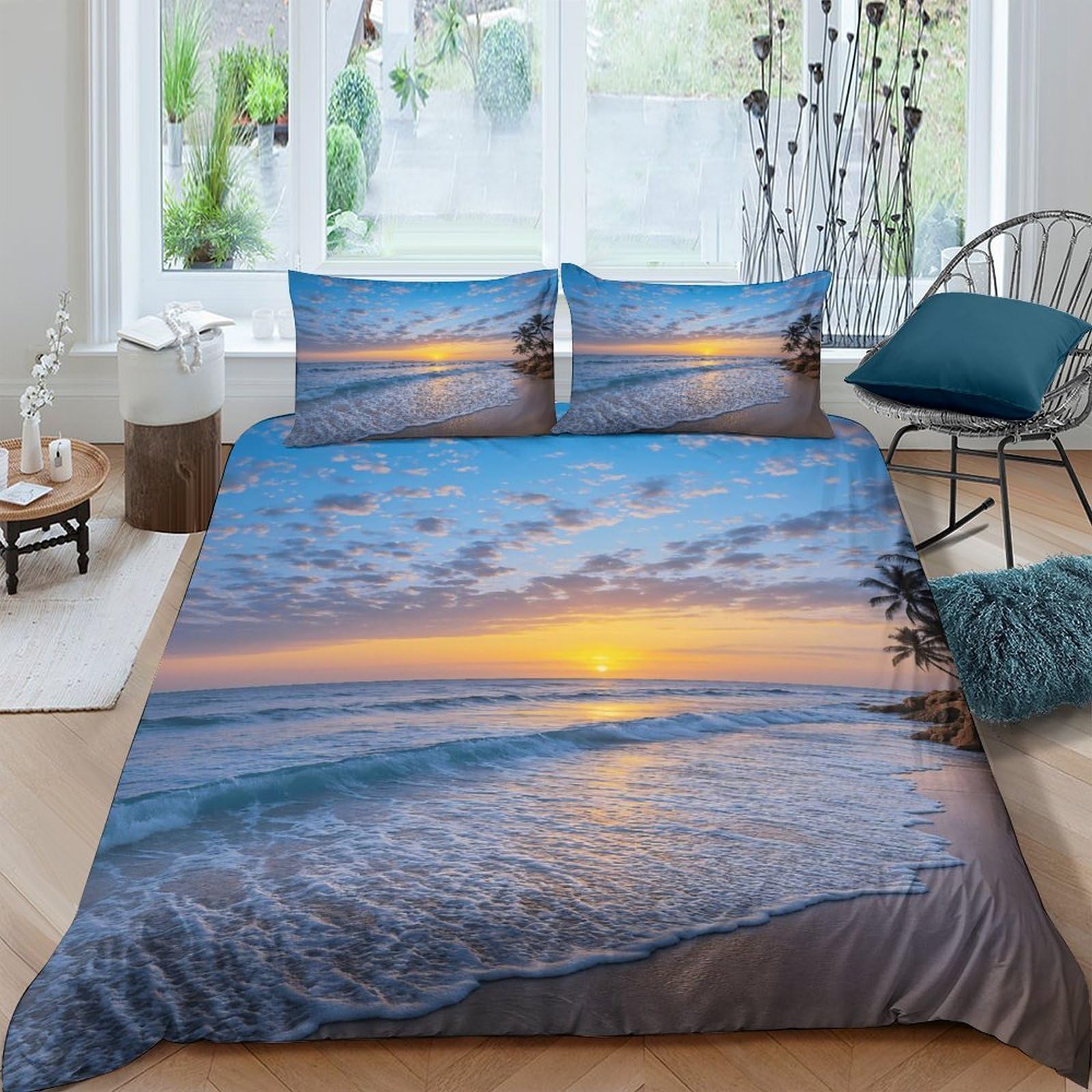 Ctjqhvkz Style-5 3D Printed Sunset Beach Fitted Sheet Microfiber Soft Ocean Wave Mattress Cover For Bedroom Guest Room Decor Single（135X200cm）