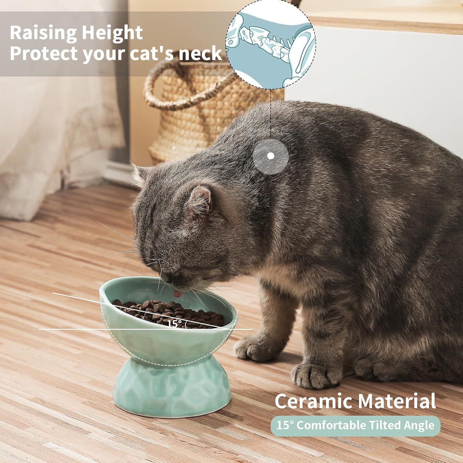 Ceramic Raised Cat Bowls, Tilted Elevated Cat Food and Water Bowl Set, Porcelain Stress Free Pet Feeder Dish for Cats and Small Dogs, Dishwasher and Microwave Safe,Green, Set of 2