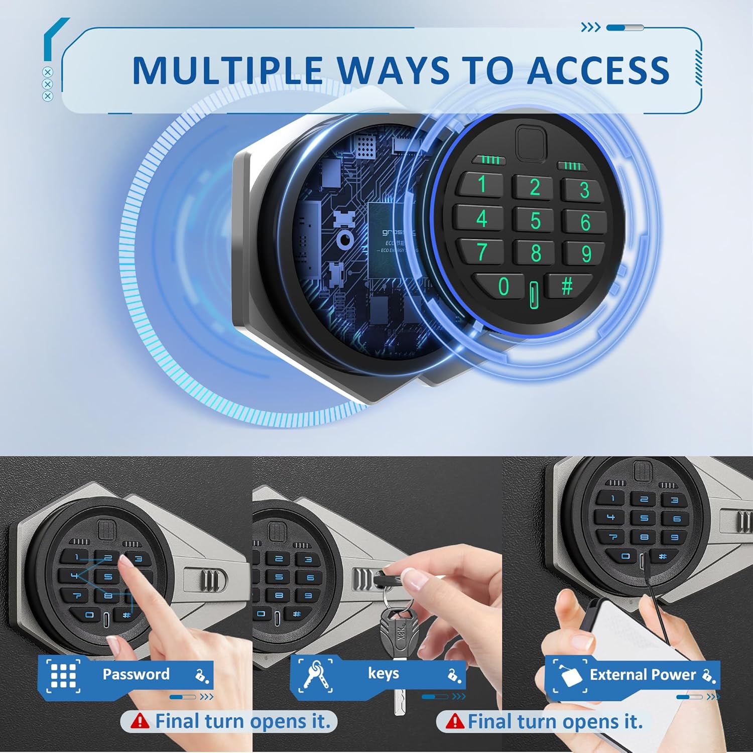 Multiple access methods for the Marcree B3-8D-1 gun safe: keypad, keys, and external power