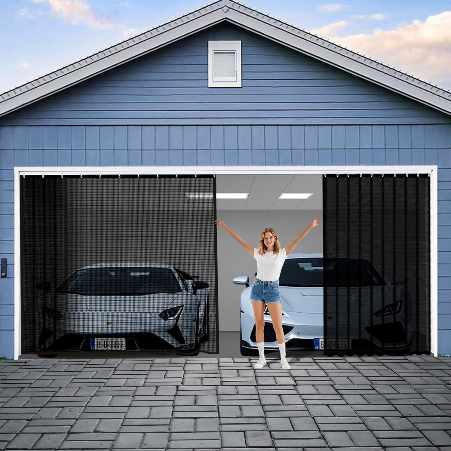 Sliding Garage Door Screen 2 Car with Track Closure,16x7Ft Garage Door Retractable Privacy Curtain Keep Annoying Animals Out Easy Install Heavy Duty Fiberglass Mesh for Opening Garage Aluminum Rail B1