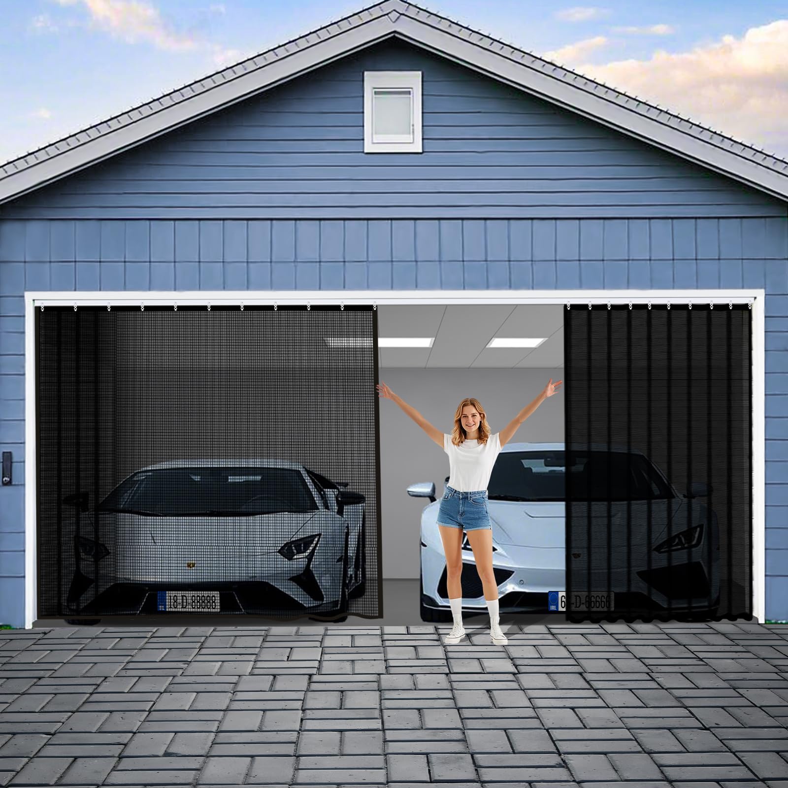 Photo 1 of [SIMILAR ITEM] [READ NOTES] Sliding Garage Door Screen 2 Car with Track Closure,16x7Ft Garage Door Retractable Privacy Curtain Keep Annoying Animals Out Easy Install Heavy Duty Fiberglass Mesh for Opening Garage Aluminum Rail B1