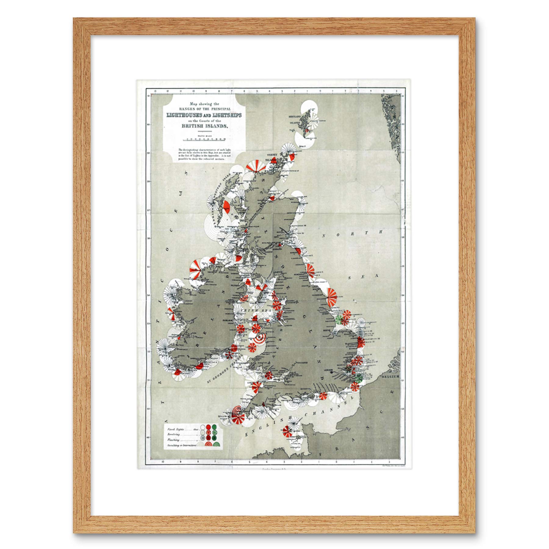 Wee Blue Coo Map Antique 1884 Price Lighthouses Lightships British Isle Framed Wall Art Print