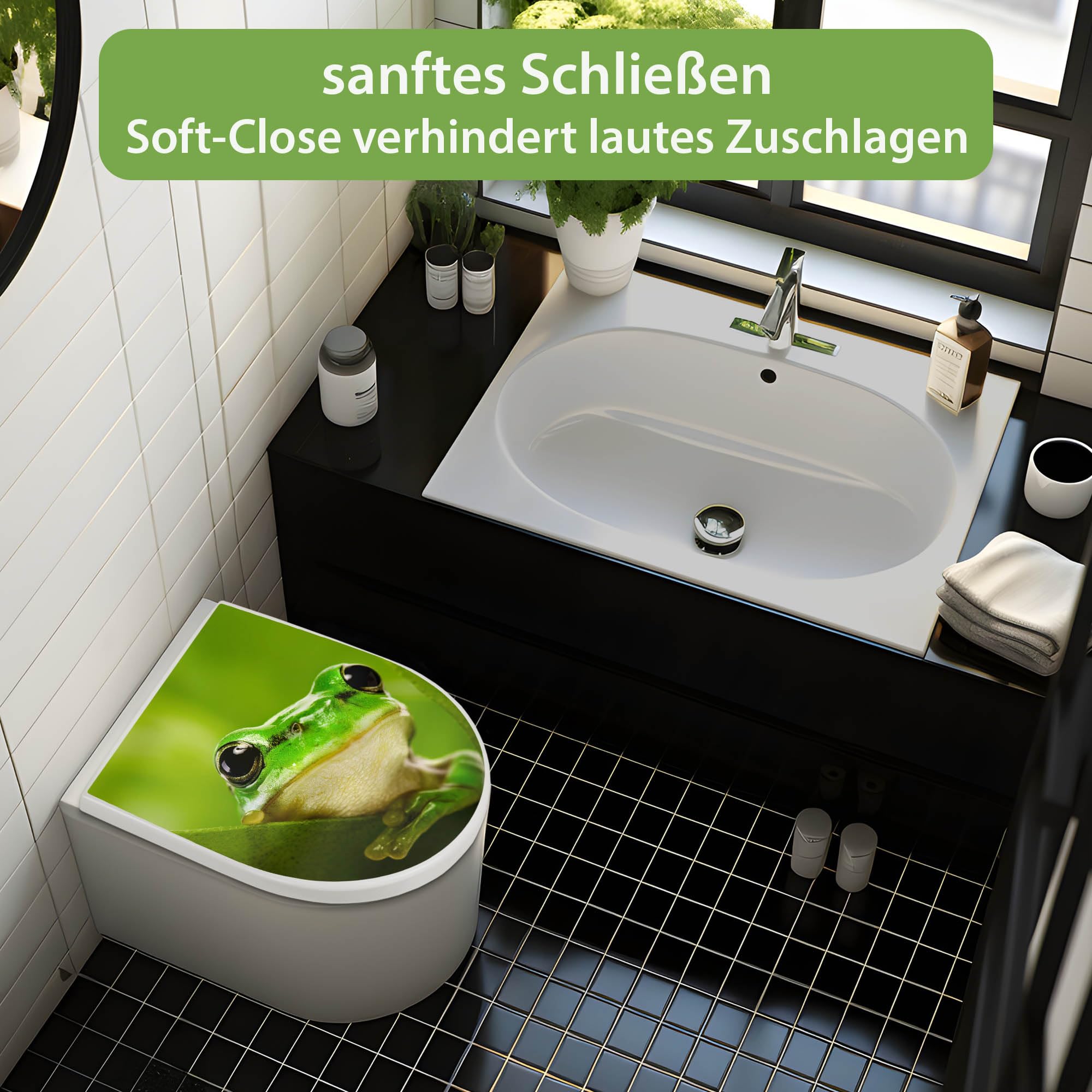 banjado WC Sitz mit Absenkautomatik D Form - Toilettendeckel mit Absenkautomatik D Form - Klodeckel Softclose - stabile Klobrille - Toilettensitz Weiß - Motiv Frosch