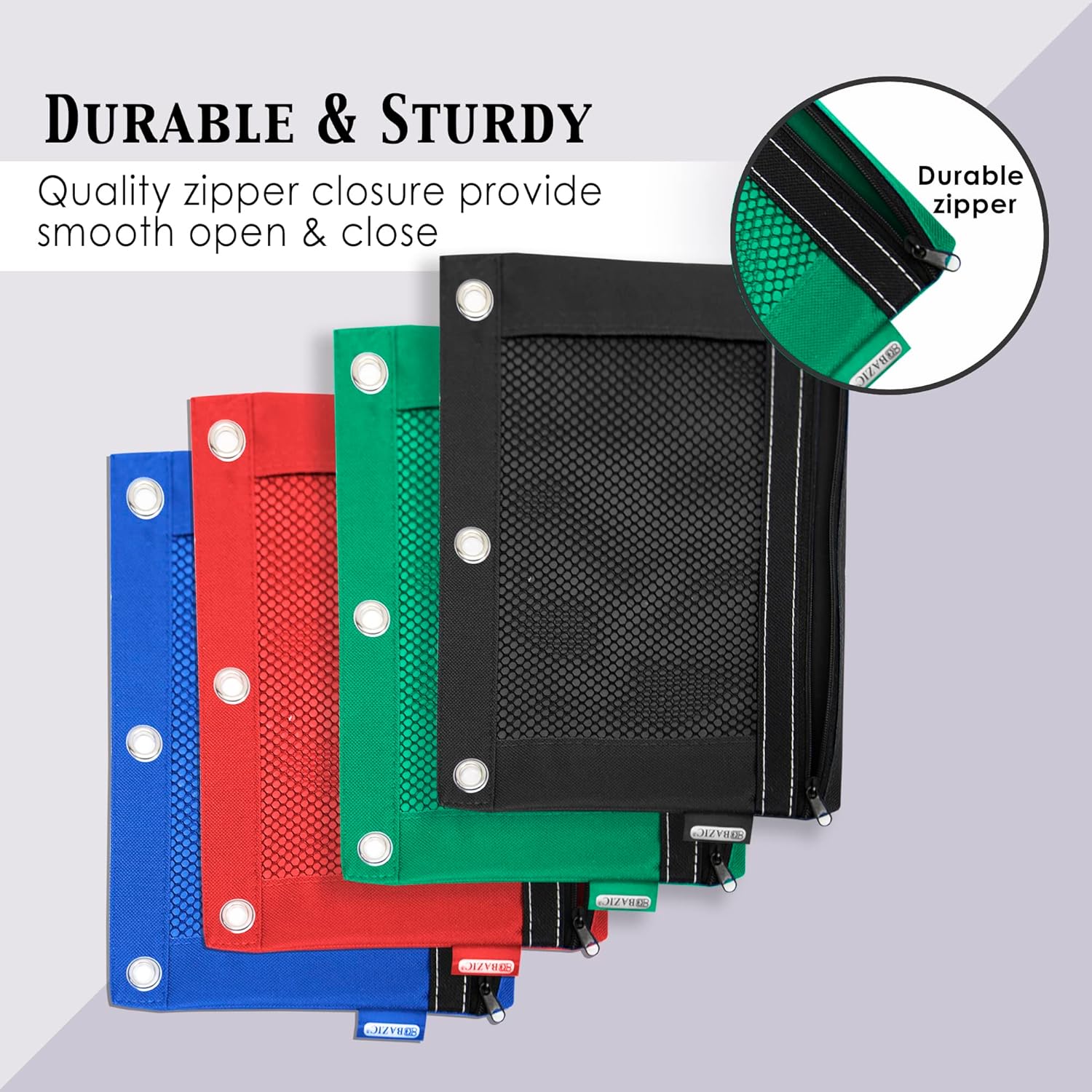 BAZIC Pencil Pouch 3 Ring Binder Pouch w/Rivet Enforced Rings Holes, Assorted Color Mesh Window Zipper Pouches, 144-Pack