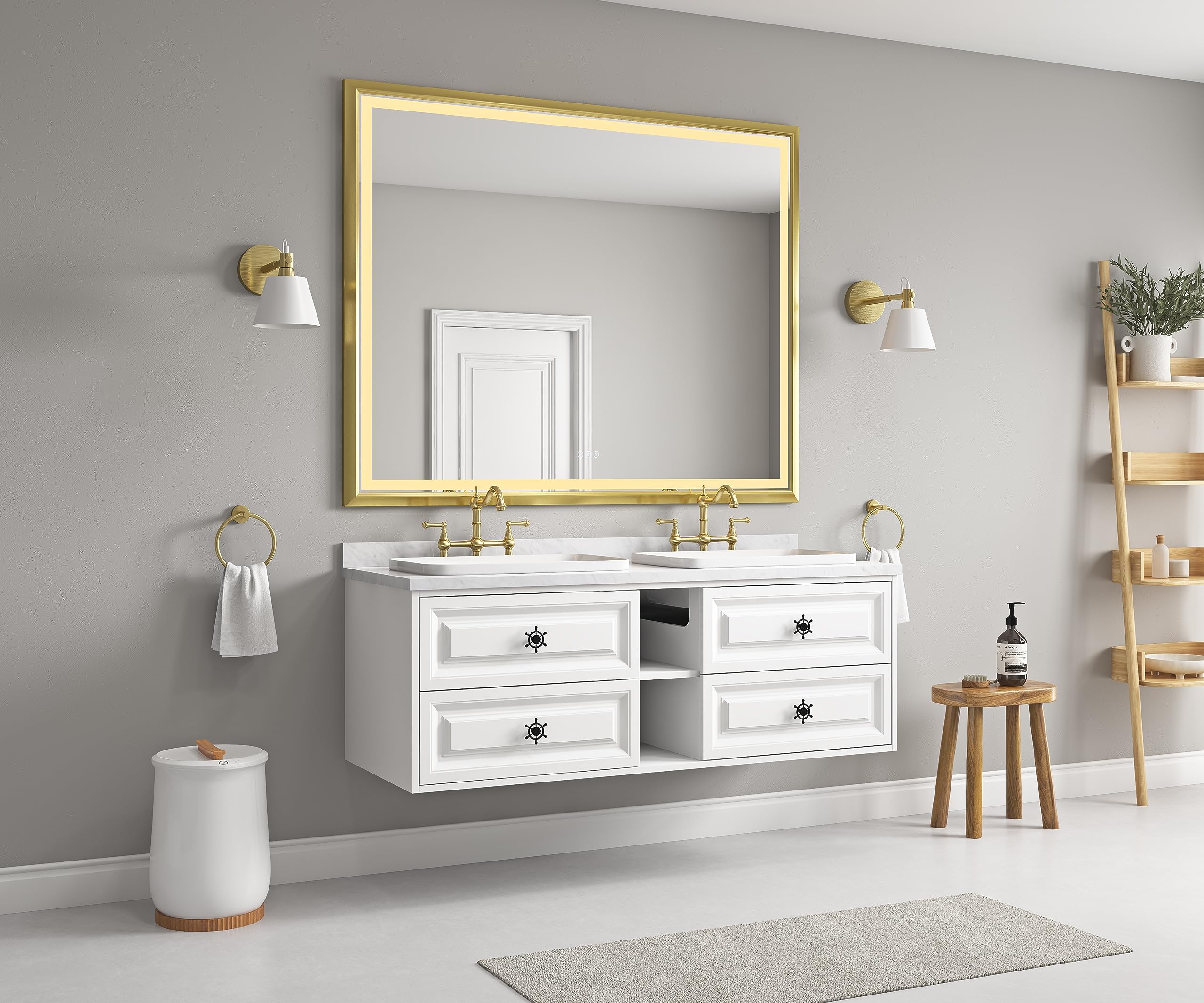HXUHUWS Elegant LED Bathroom Mirror for a Experience, Anti-Fog and Dimmable with Warm and Cool Light, Wall Mounted in Brushed Gold