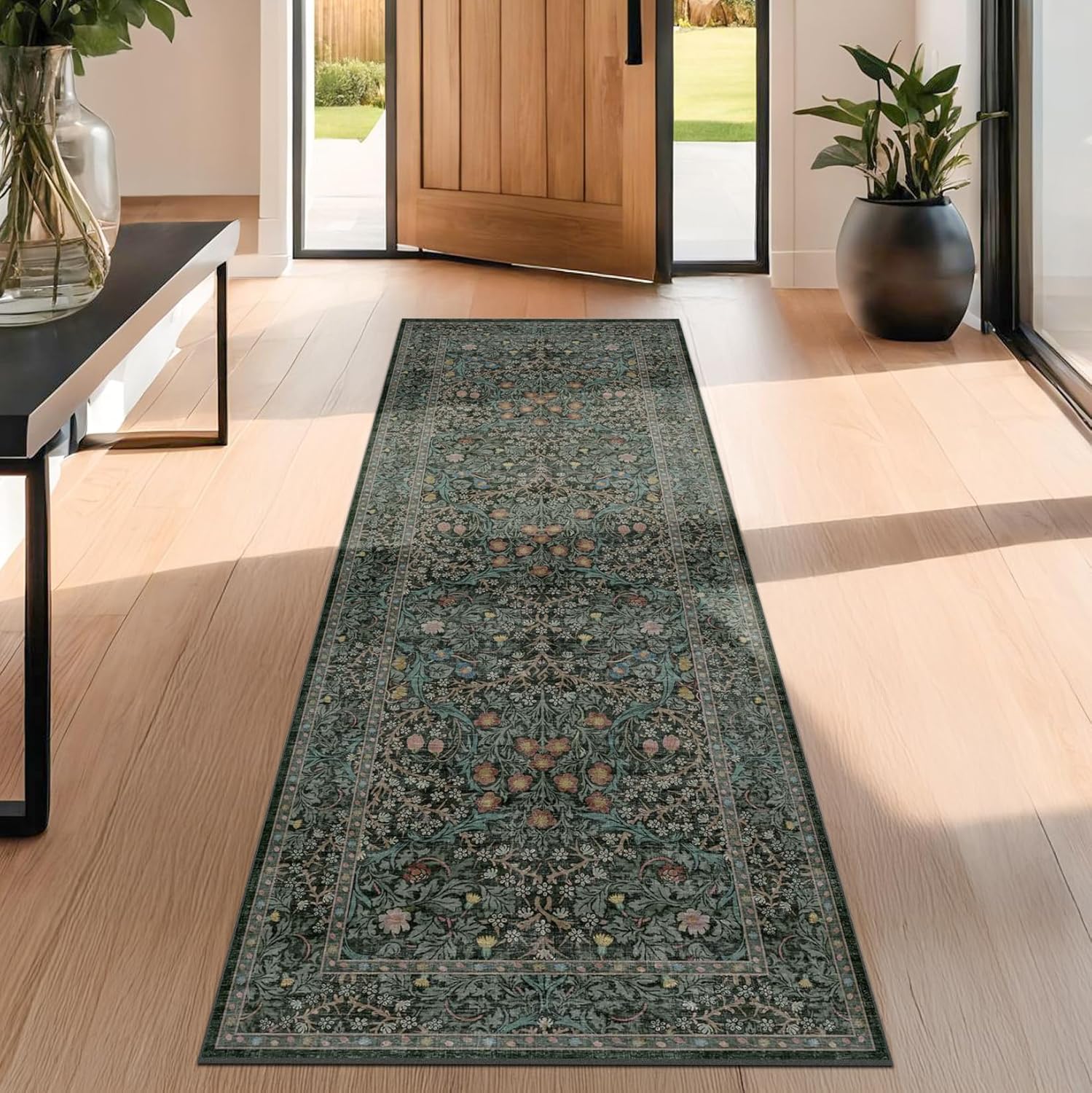 Non Slip 2x6 Kitchen Runner Rug Washable, Rubber Backed Hallway Runner Rugs, Boho Vintage Floral Botanical Dark Green Non Skid Carpet for Entryway, Bathroom, Hall Way Mats for Floor - Image 3