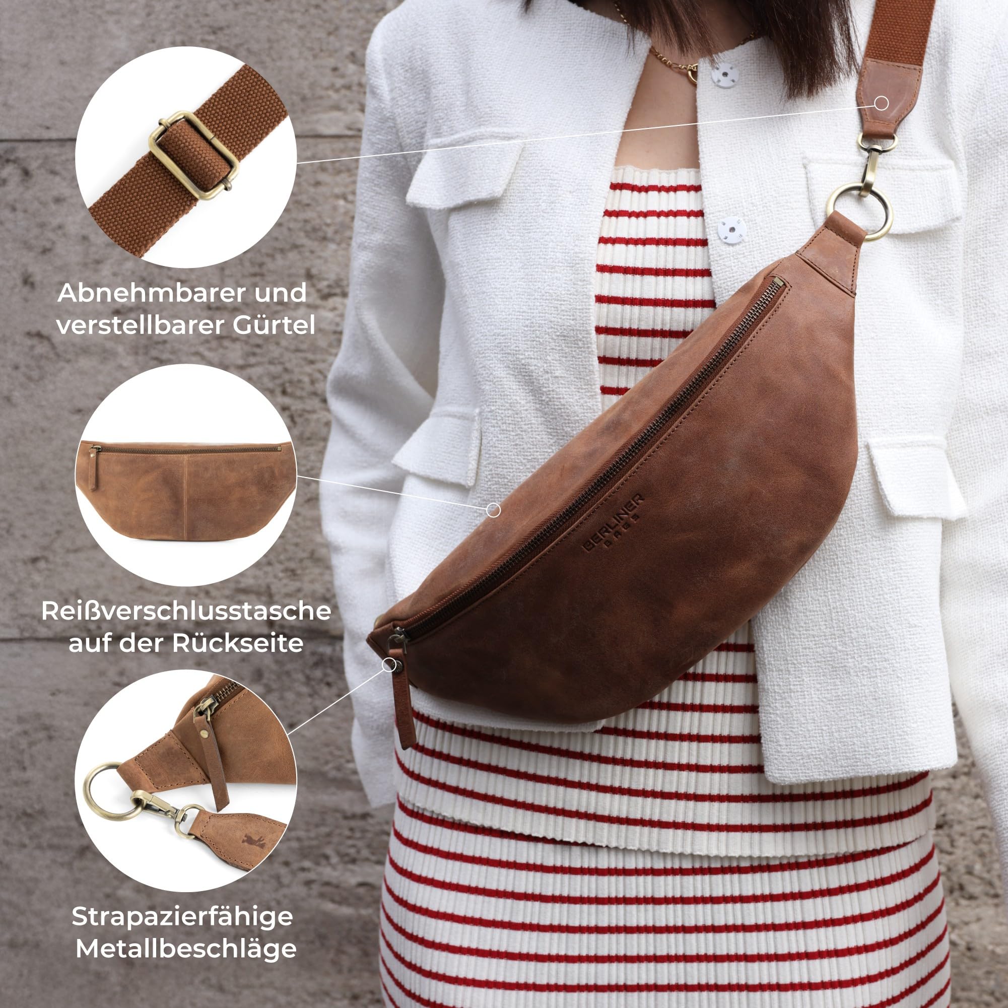 Berliner Bags Vintage Bauchtasche Mona XL, Umhängetasche aus Leder, Crossbody Tasche, Gürteltasche für Damen und Herren - Braun