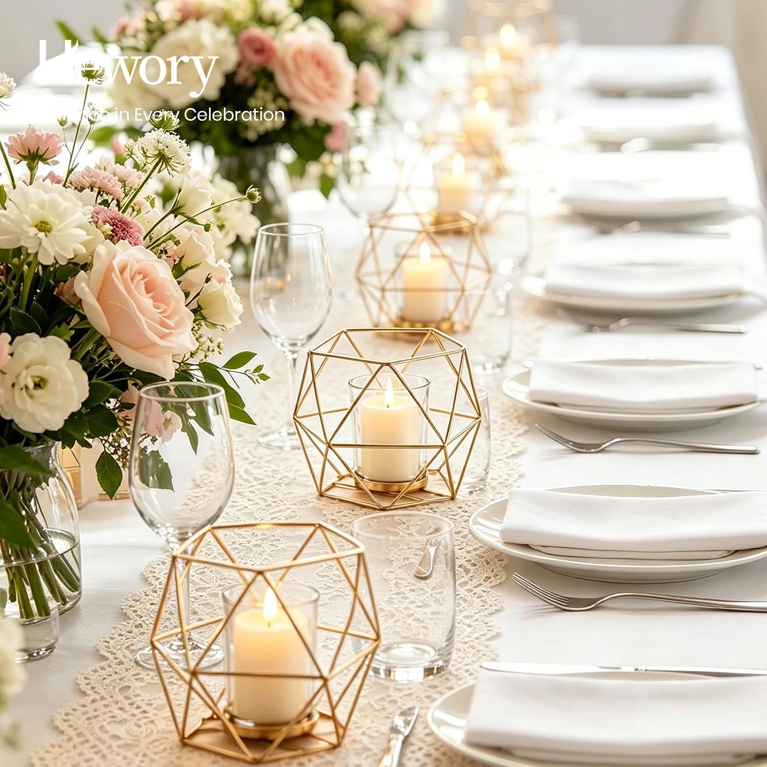 hewory geometric tealight candle holders gold, modern metal geo wedding centerpieces for table, votive candle stand accent for tea light for home shelf mantel christmas birthday party decor, 12pcs | gold candle holders with clear cups, for tealights votive candles, wedding decorations mantel christmas birthday party decor gold 12