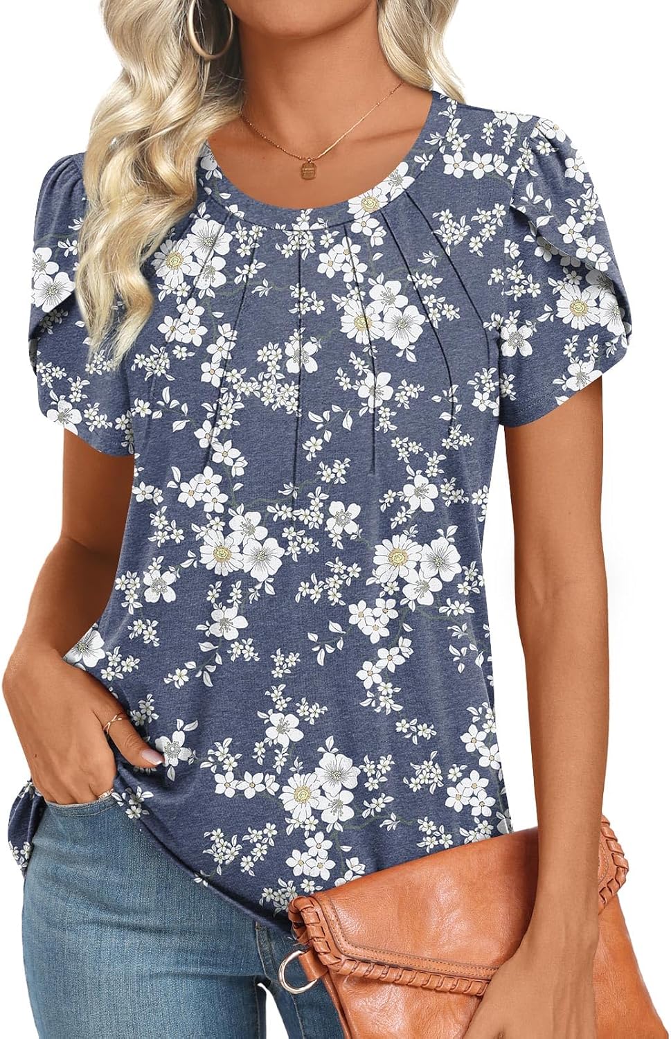Addtoo Womens Tops 2026 Summer Casual Shirt Short Sleeve Blouse Pleated Front Trendy Tunic M-3XL