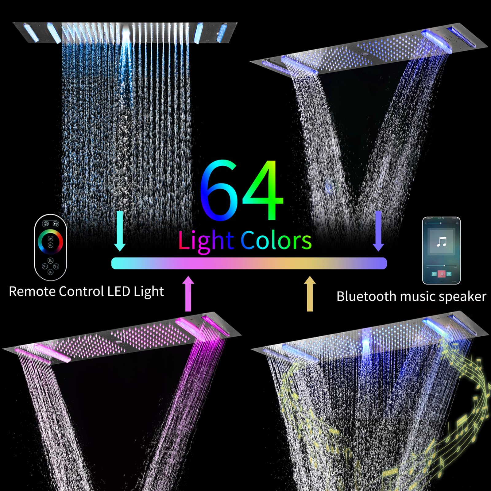 Colonna Doccia,Set Doccia Multifunzione con termostato,Kit Doccia con Musica Bluetooth con soffione da 900x305mm,LED Multicolore,6 soffioni Laterali e doccetta,Doccia soffione Completo,Nero
