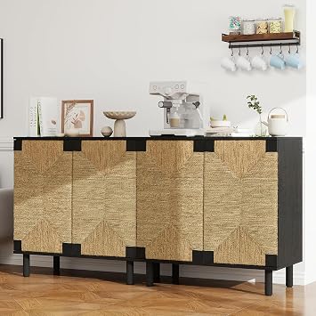 Sideboard Buffet Cabinet, Entryway Cabinet with Natural Seagrass Decorative Doors and Adjustable Shelves for Dining Room, Kitchen, Office, Black, Set of 2