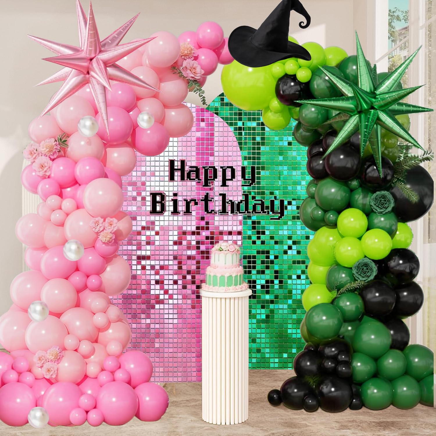 Dark Green and Pink Balloon Arch, 161 Pcs Witch Birthday Decorations Latex Balloon Garland with Witch Hat and Exploding Star, Pink Green Party Decorations for Birthday Baby Shower Bridal Shower — image 1