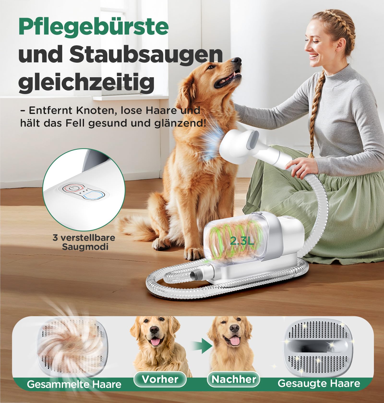Gimars Hundeschermaschine mit Staubsauger, 2,3L Hundestaubsauger mit 12000 Pa Saugkraft, leises Schermaschine Katze Hund haarschneidemaschine mit 7 Pflegewerkzeugen, Tierhaarentferner mit hundebürste