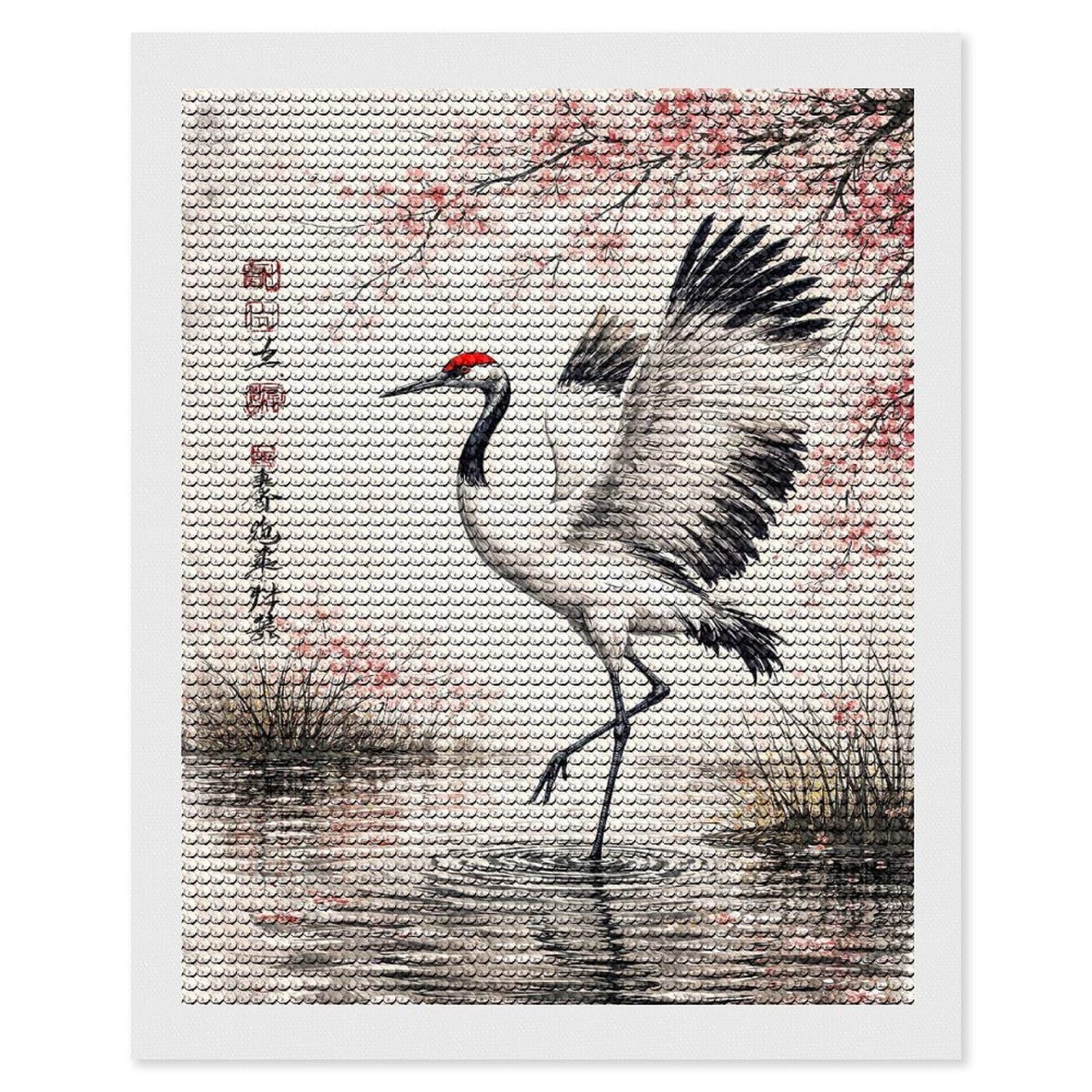 Junmoney Red-Crowned Crane and Cherry Blossoms Diamond Painting Canvas Kit 16"x20", Adhesive Canvas, Living Room Decor, Farmhouse Decor, Winter Craft
