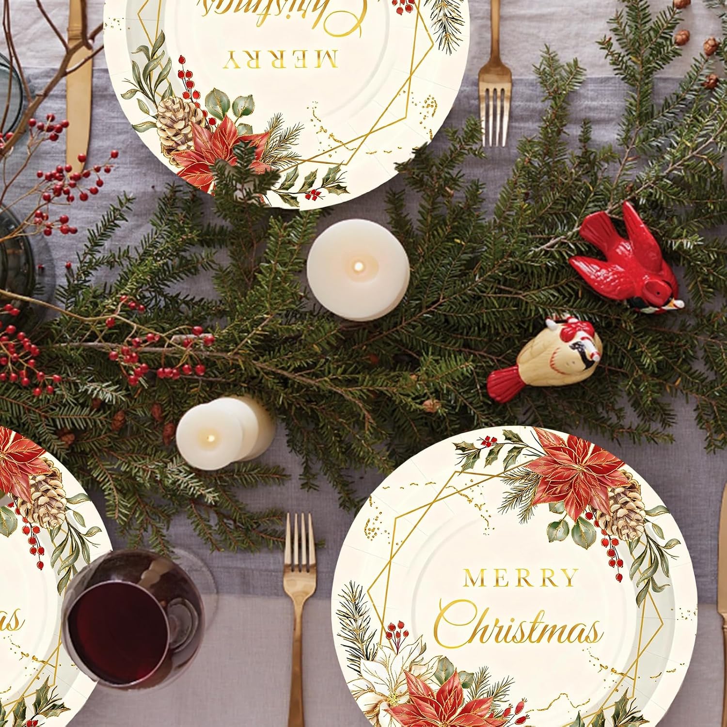 24 Pcs Christmas Paper Plates Disposable Poinsettia Vintage Red Poinsettia Flower Design Tableware Serving Tray Decorative Floral Plate for Merry Christmas Holiday Dinner Party Decor (7 inch)