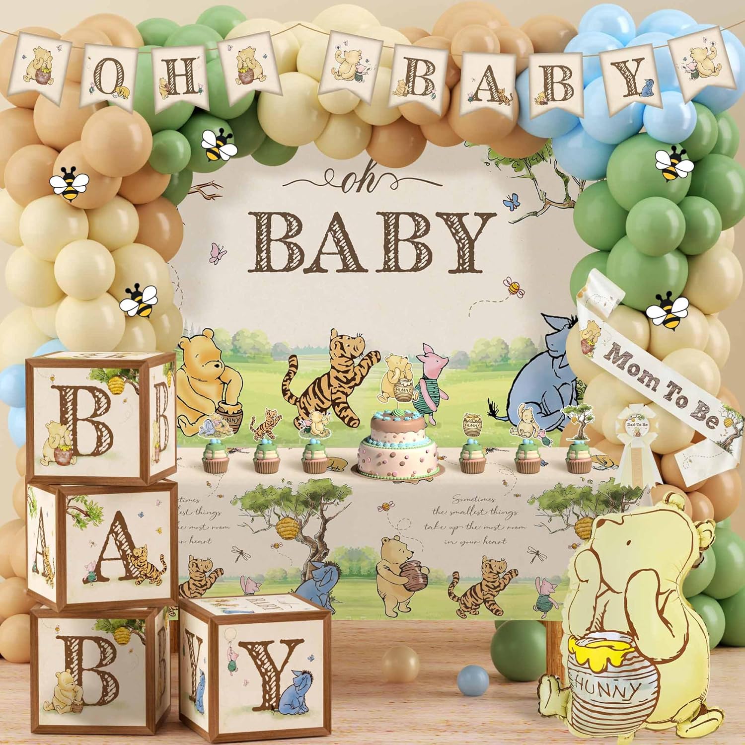 Classic Winnie Bear Baby Shower Decorations, Neutral All-In-One Pooh Baby Shower Balloon Arch Baby Boxes Backdrop Banner Tablecloth Cake Cupcake Topper Bee Stickers Mom To Be Sash Kit for Boys Girls