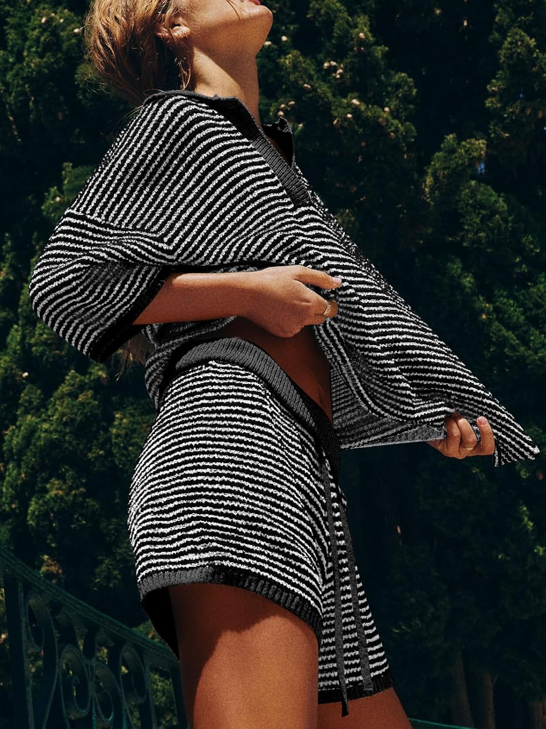 Tankaneo Womens Sweater Set 2 Piece Outfits Oversized 3/4 Sleeve V Neck Knit Tops High Waisted Shorts Lounge Sets - Image 4