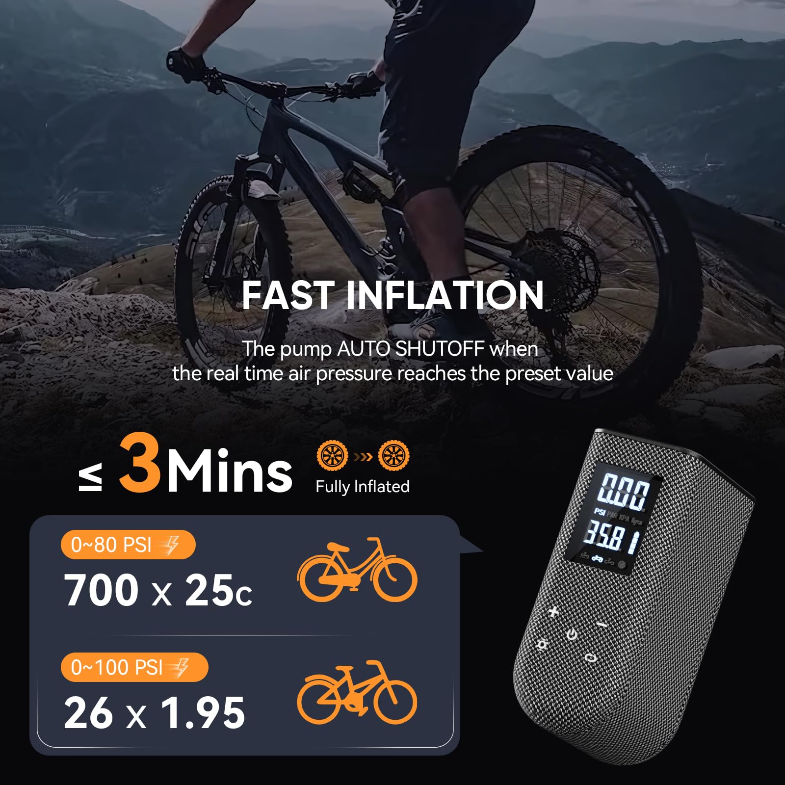 GPUTEK Mini pompe à vélo électrique 100 PSI avec affichage numérique, accessoires de vélo, batterie portable, pompe à air pour vélo de route, VTT, moto, ballons