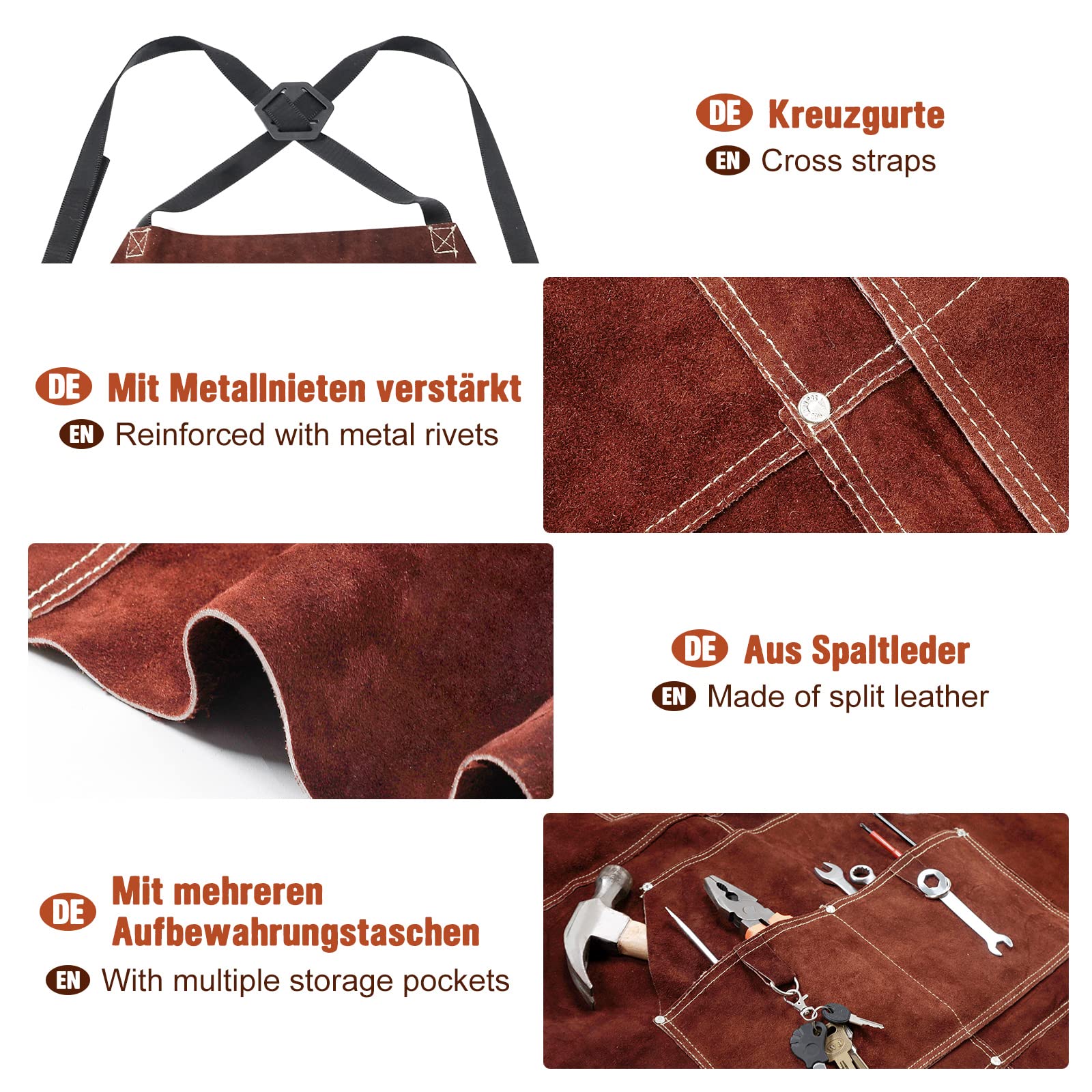 Yorbay Grembiule da Saldatura in Pelle con 5 Tasche e Spalline Regolabili, Resistente al Calore Ritardante di Fiamma Grembiuli per Utensili, per Fabbro, Falegname