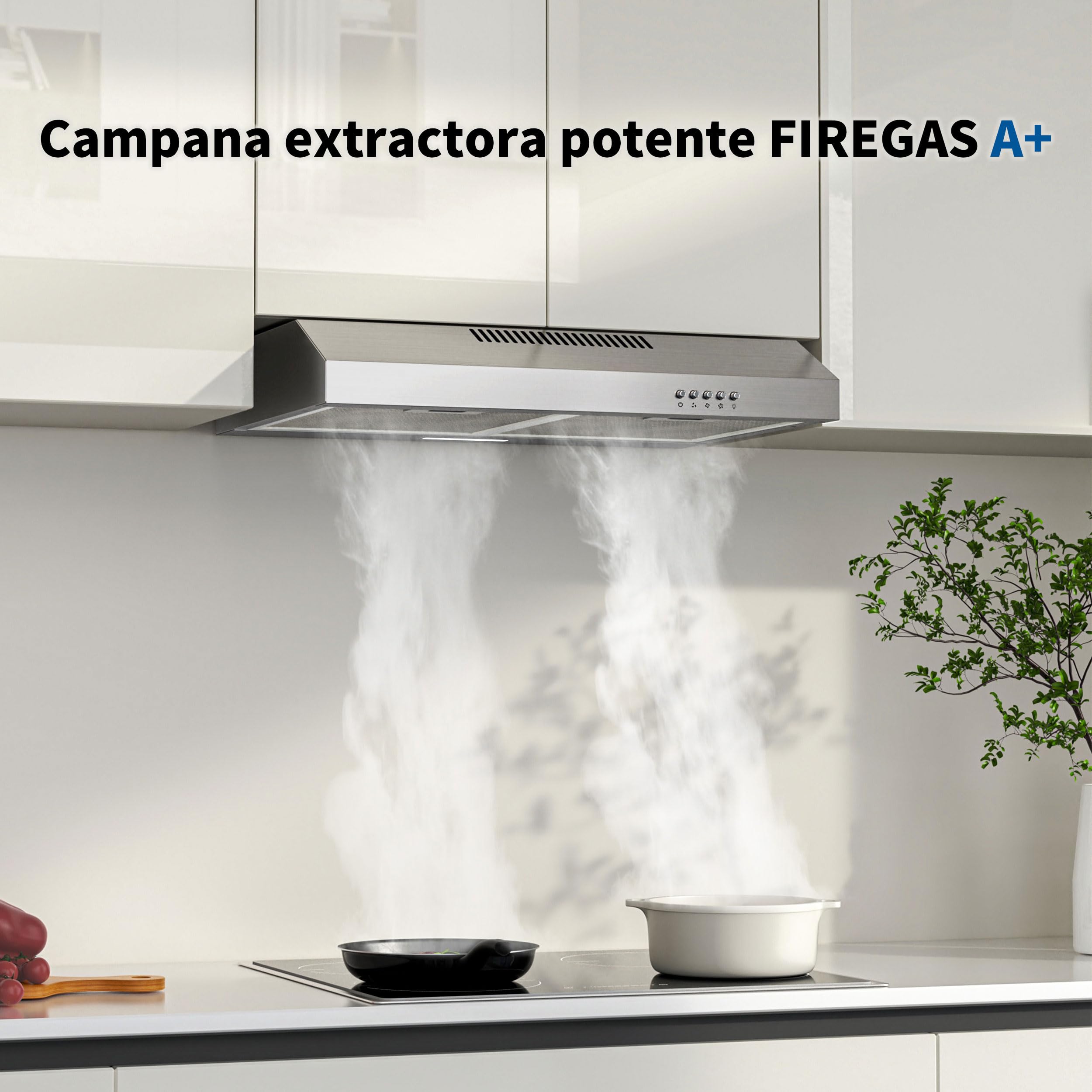 FIREGAS Campana Extractora 60 cm de Acero Inoxidable, 250 m³/h, Clase Energética A+, Motor Sin Escobillas, 3 Velocidades, Instalación Bajo Mueble o Pared