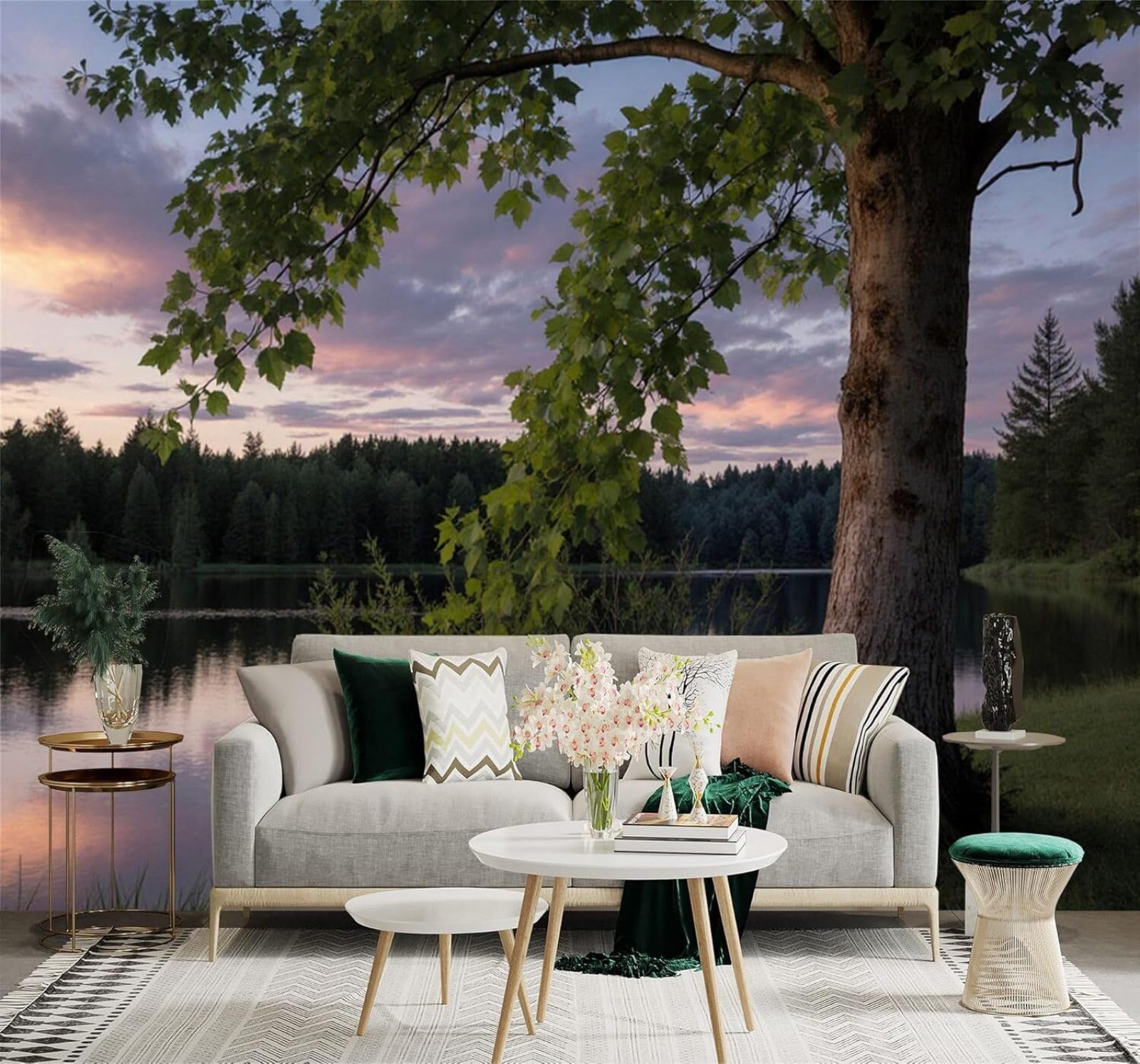 XLMING Lake View Trees Forest Reflections Sunset Sky 3D Wallpaper Premium Textured Silk Study Dining Living Room Bedroom Sofa TV Wall Easy Install-350cm×256cm