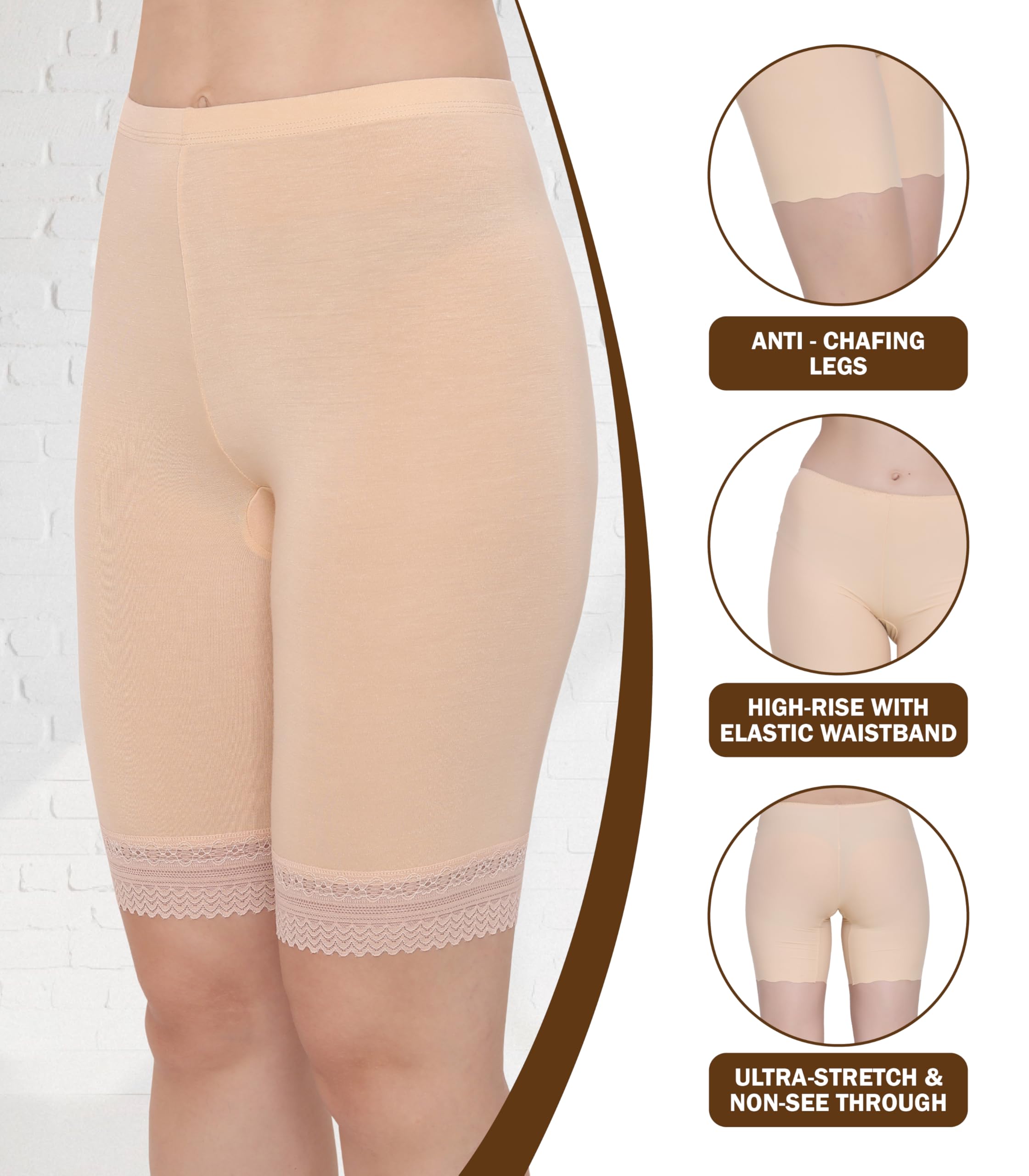 GLAMORAS Women & Girls Bamboo Spandex Stretch High Waist High Coverage Shorts with Lace Concealed Waist Band for Underdress Cycling Yoga Safety Shorts