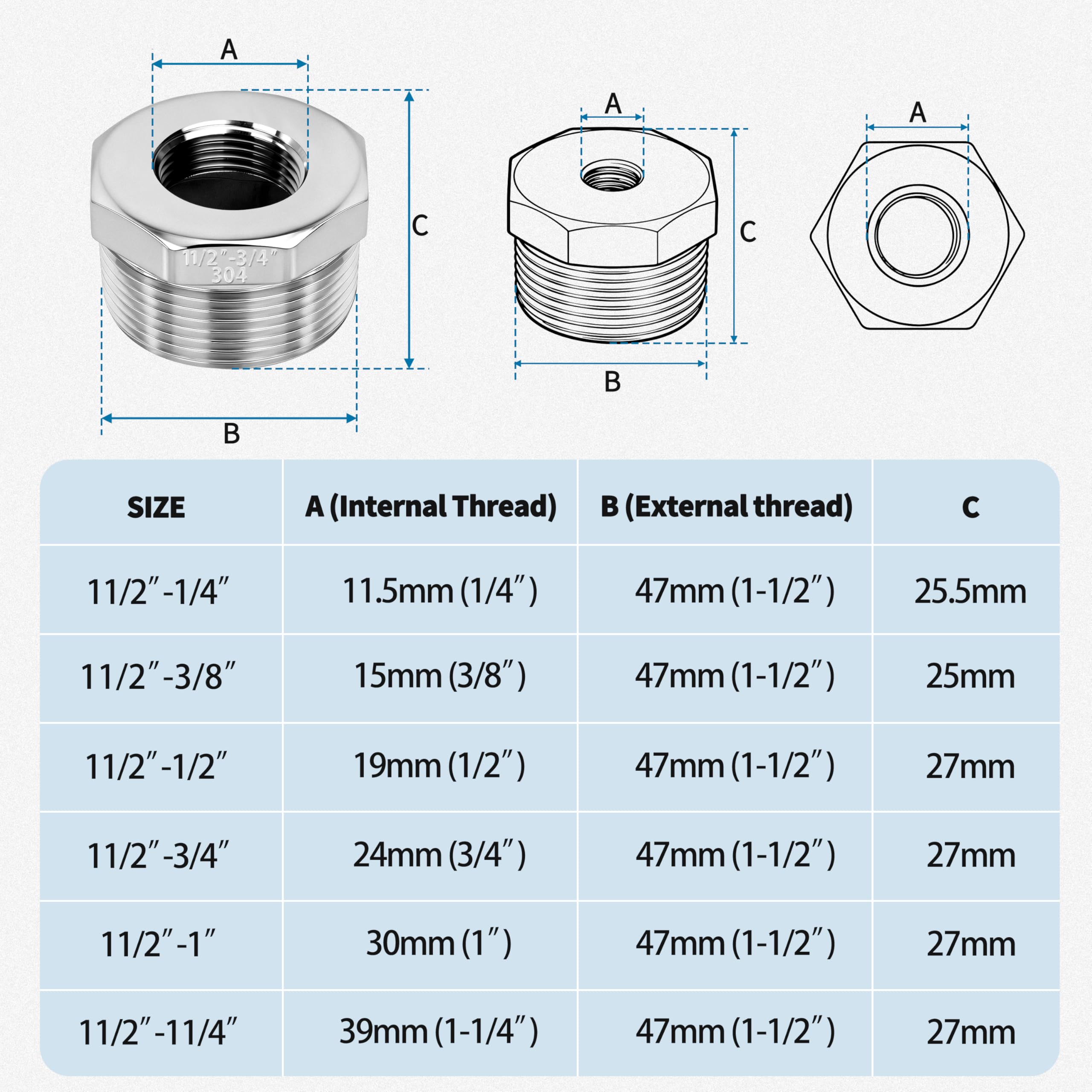 Raccord Réducteur en Acier Inoxydable, 1-1/2" Mâle auf 2" Femelle Adaptateurs de Robinet Connecteur de Tuyau, Douille Hexagonale Raccord Fileté pour Conduites d'eau (1 Pièce)