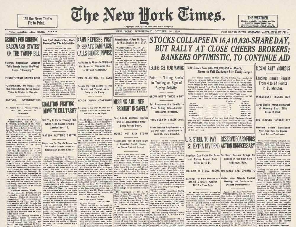 Wall Street Crash 1929 Nfront Page Of The New York Times 30 October 1929 Reporting On The Wall Street Crash Poster Print by (18 x 24)